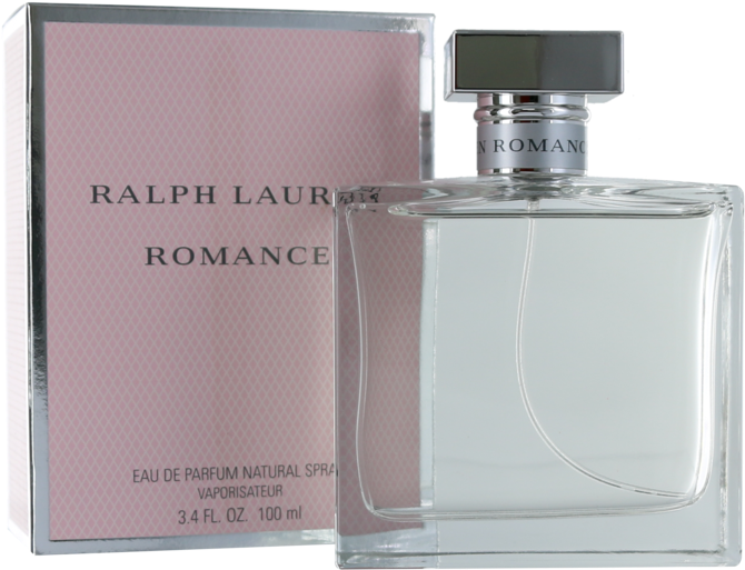 Ralph Lauren Romance 香水 壁紙 — 一個透明玻璃香水瓶，配有銀色瓶蓋和帶有 Ralph Lauren Romance 標籤的粉紅色紋理盒子，放在白色背景前。
