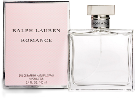 Ralph Lauren Romance 香水瓶 壁紙 — 一個透明玻璃香水瓶，帶有銀色瓶蓋和粉紅色盒子，標有 Ralph Lauren Romance，置於黑色背景前。