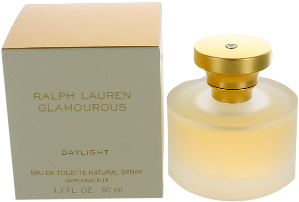 Ralph Lauren 絕代風華日間香水 壁紙 — 奢華的Ralph Lauren Glamourous香水瓶，配金色瓶蓋和配套盒子，置於純黑背景上。