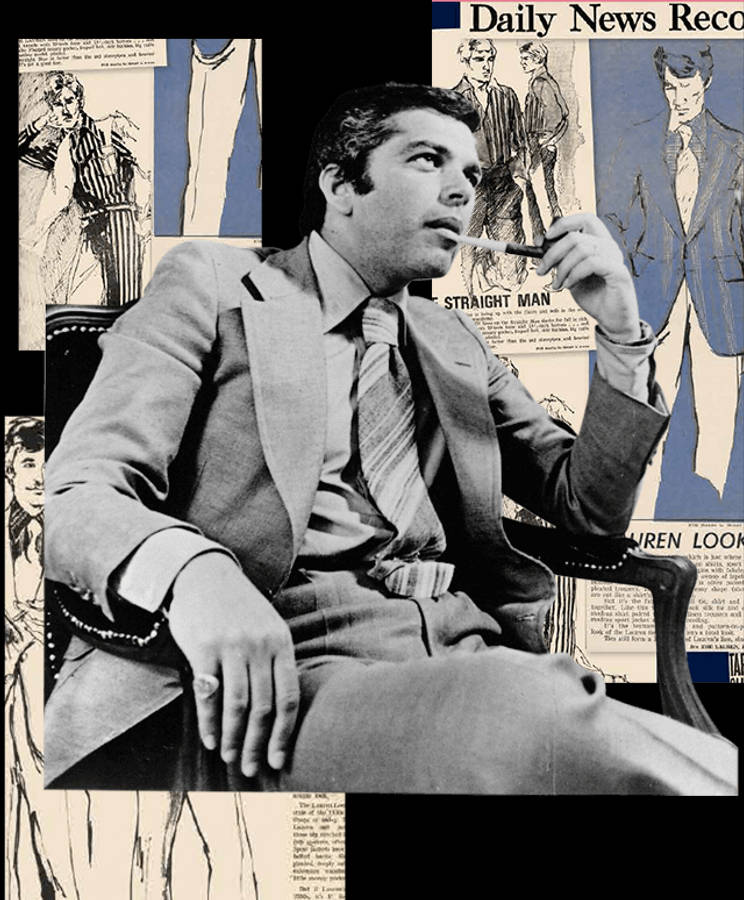 Ralph Lauren 雜誌風復古壁紙 壁紙 — 一名穿著西裝的男子坐著抽煙，周圍環繞著復古報紙剪報和時尚插圖。