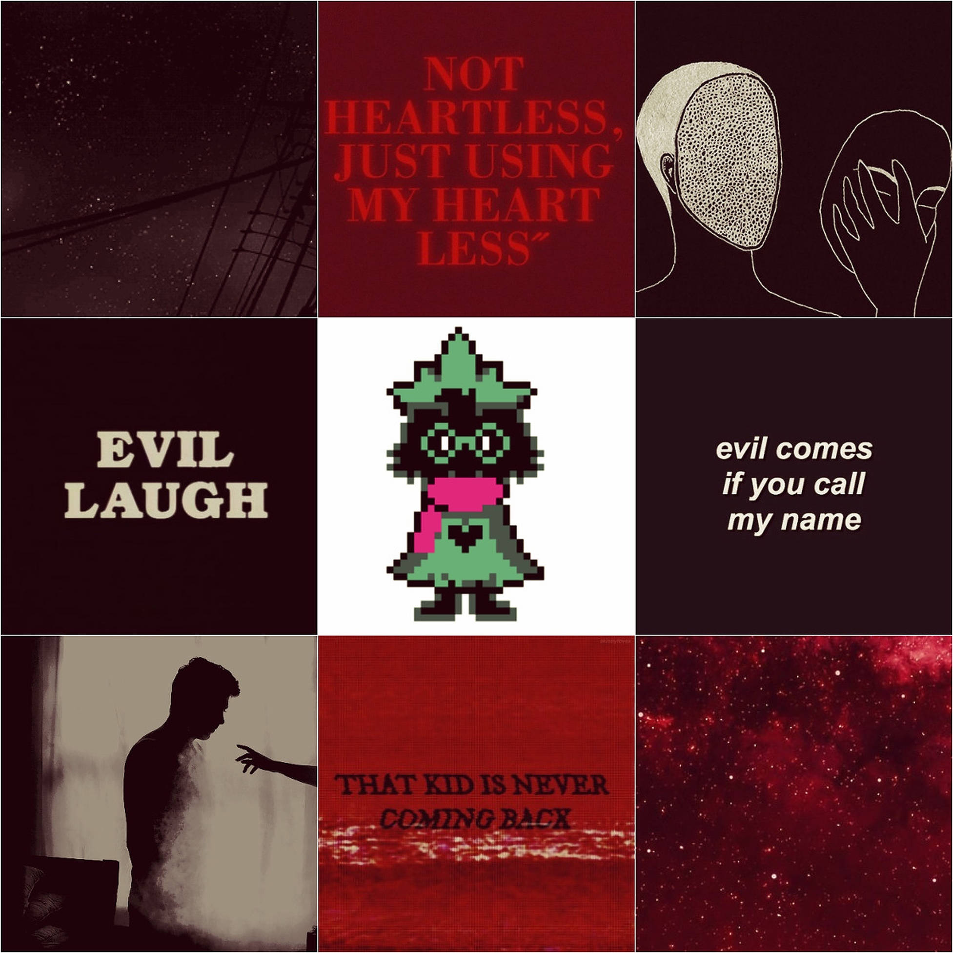 Ralsei 美學拼貼畫 壁紙 — 由九個面板組成的深色拼貼畫，包含不祥的文字、像素藝術和剪影，背景為紅色和黑色。