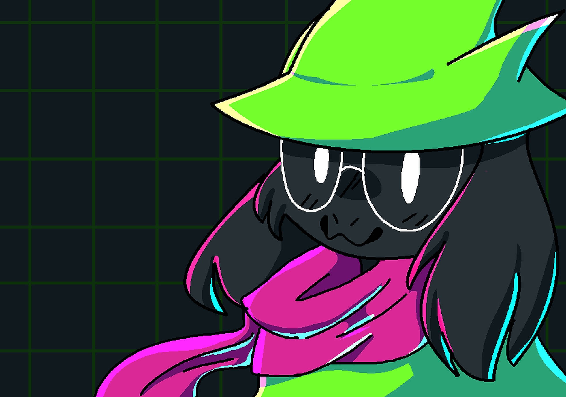 Ralsei — Deltarune 壁紙 — 一個風格化的黑色角色，帶有發光的白色眼睛，戴著螢光綠色帽子和粉紅色圍巾，背景為深色網格。