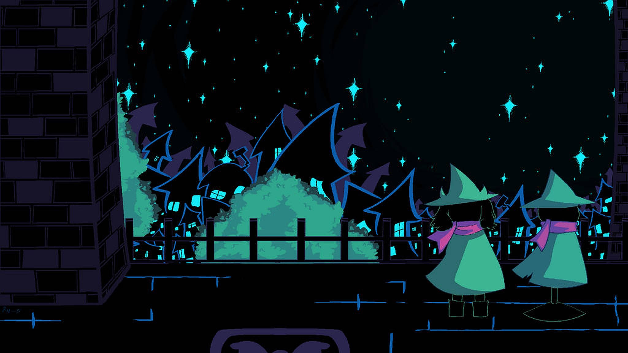 Ralsei — Deltarune 黑暗世界冒險 壁紙 — 兩個身穿青綠色長袍的女巫身影在夜晚站在屋頂上，凝視著發光的綠色灌木叢和鋸齒狀屋頂上方的星空。