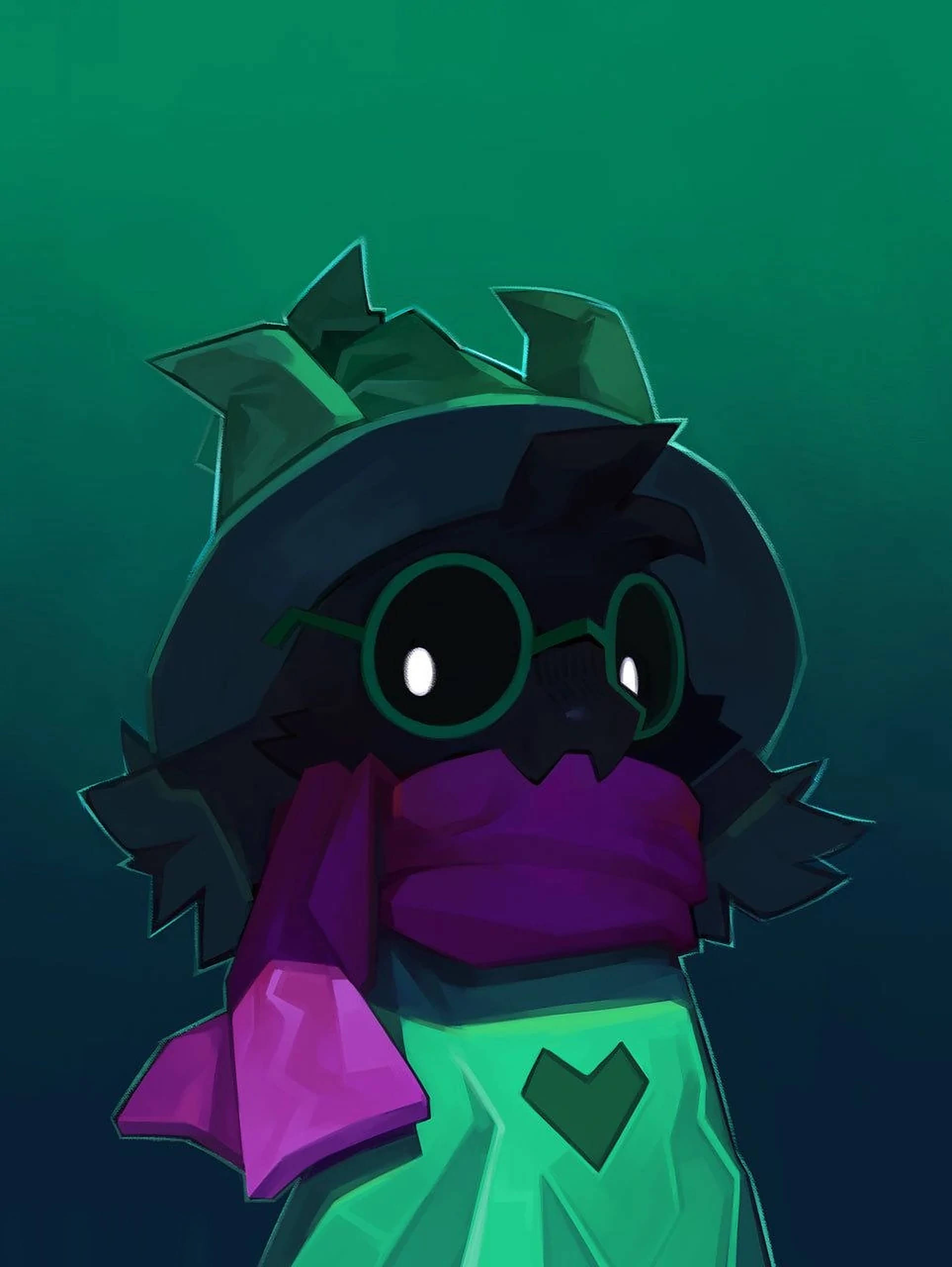 Ralsei 電影角色 壁紙 — 一個風格化的深色鳥角色，戴著綠色眼鏡和紫色圍巾，站在漸變青綠色的背景前。