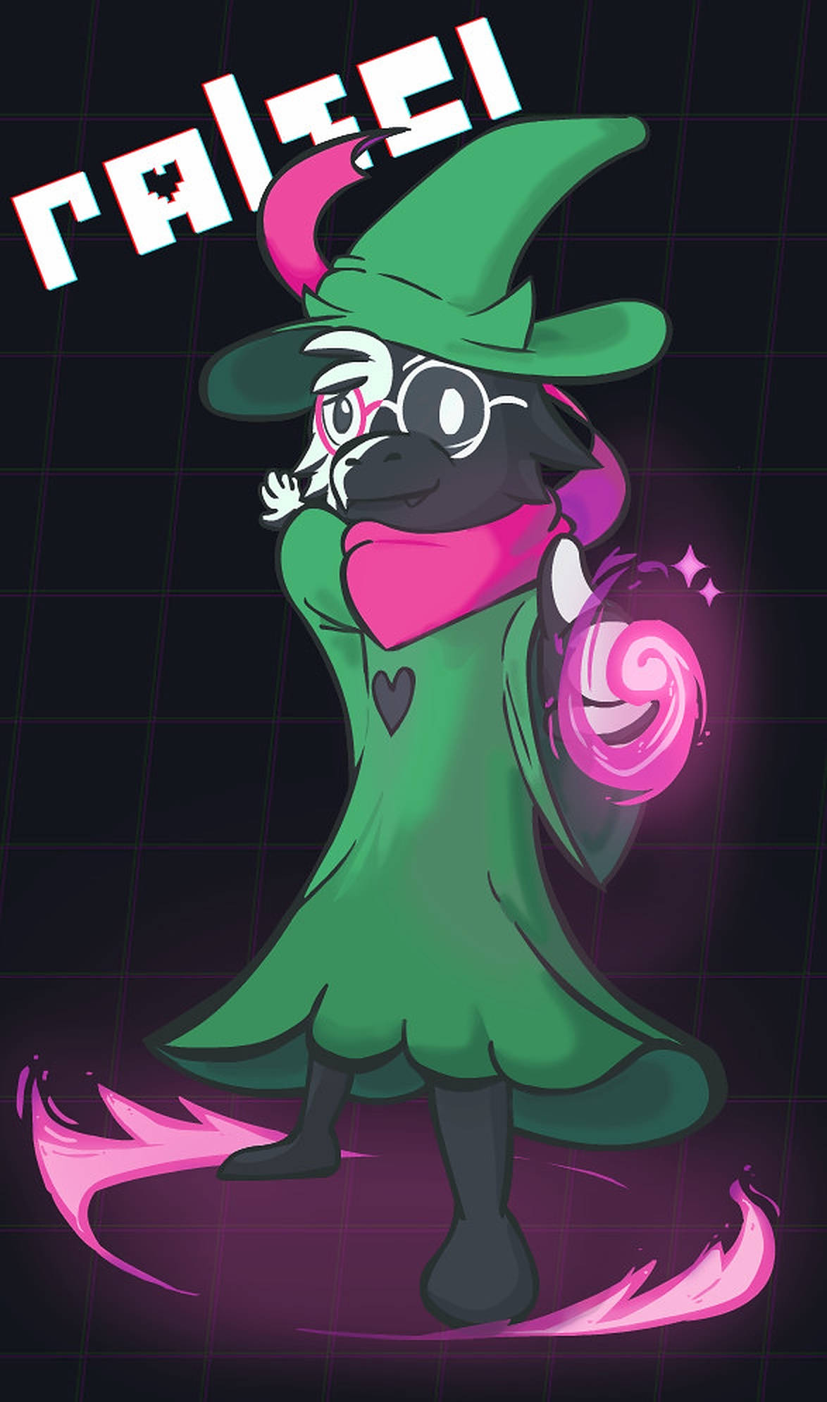 Ralsei 同人藝術 壁紙 — 一個戴眼鏡、戴綠色帽子的卡通女巫，在深色網格背景前揮舞著發光的粉紅色魔杖。
