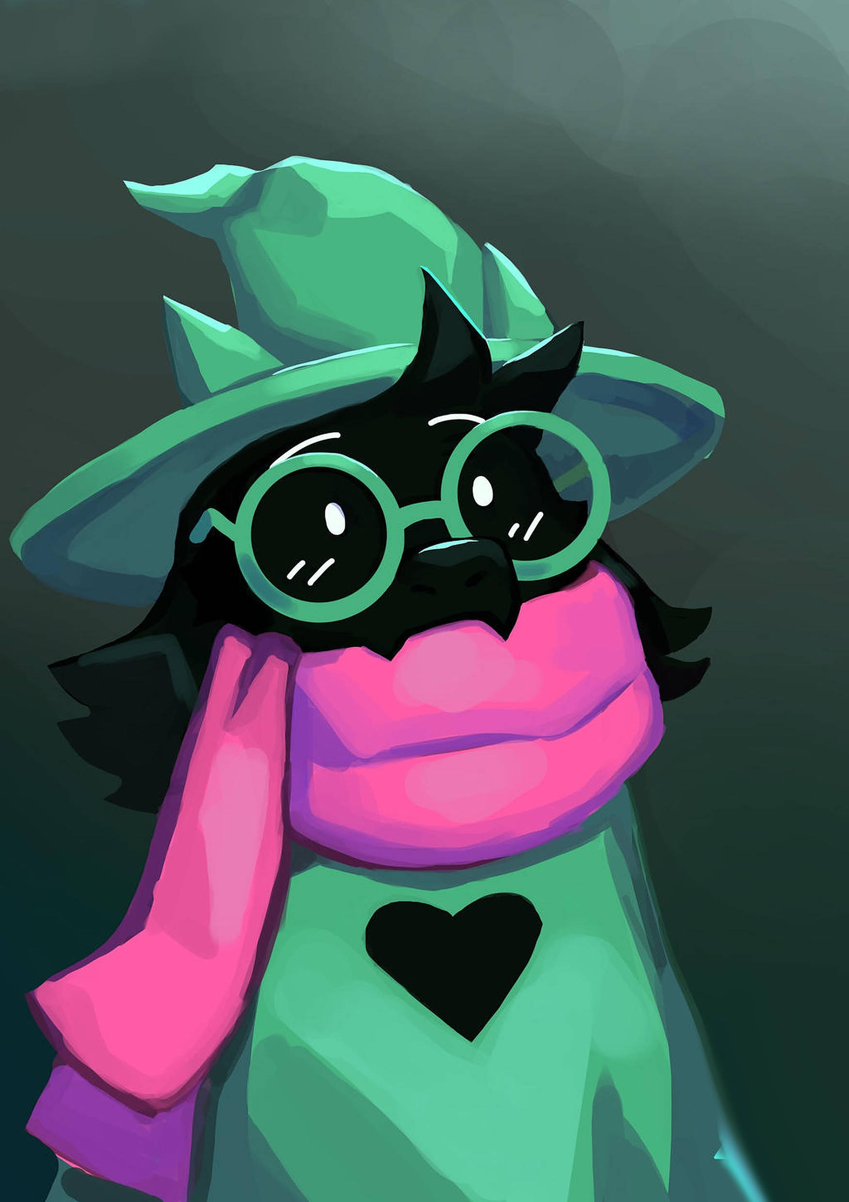 Ralsei 數位藝術 壁紙 — 一個風格化的黑色小鳥角色，戴著藍綠色巫師帽、圓框眼鏡和一條亮粉紅色圍巾，背景是深色漸變。