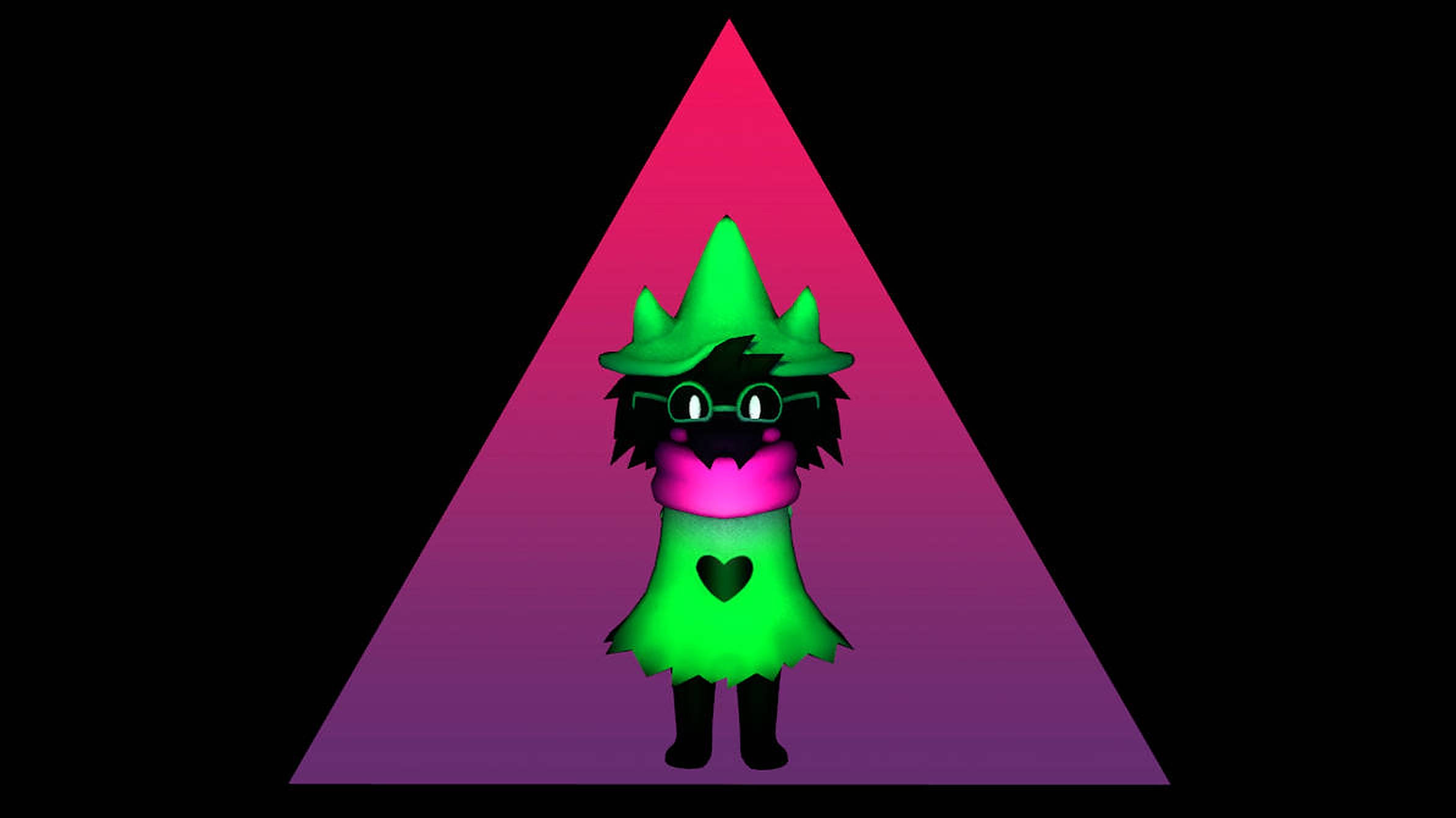 Ralsei 於 Deltarune 咒語施放 壁紙 — 一個戴眼鏡、身穿心形裙的發光綠色卡通女巫，站在黑色背景上的粉紫色三角形聚光燈內。