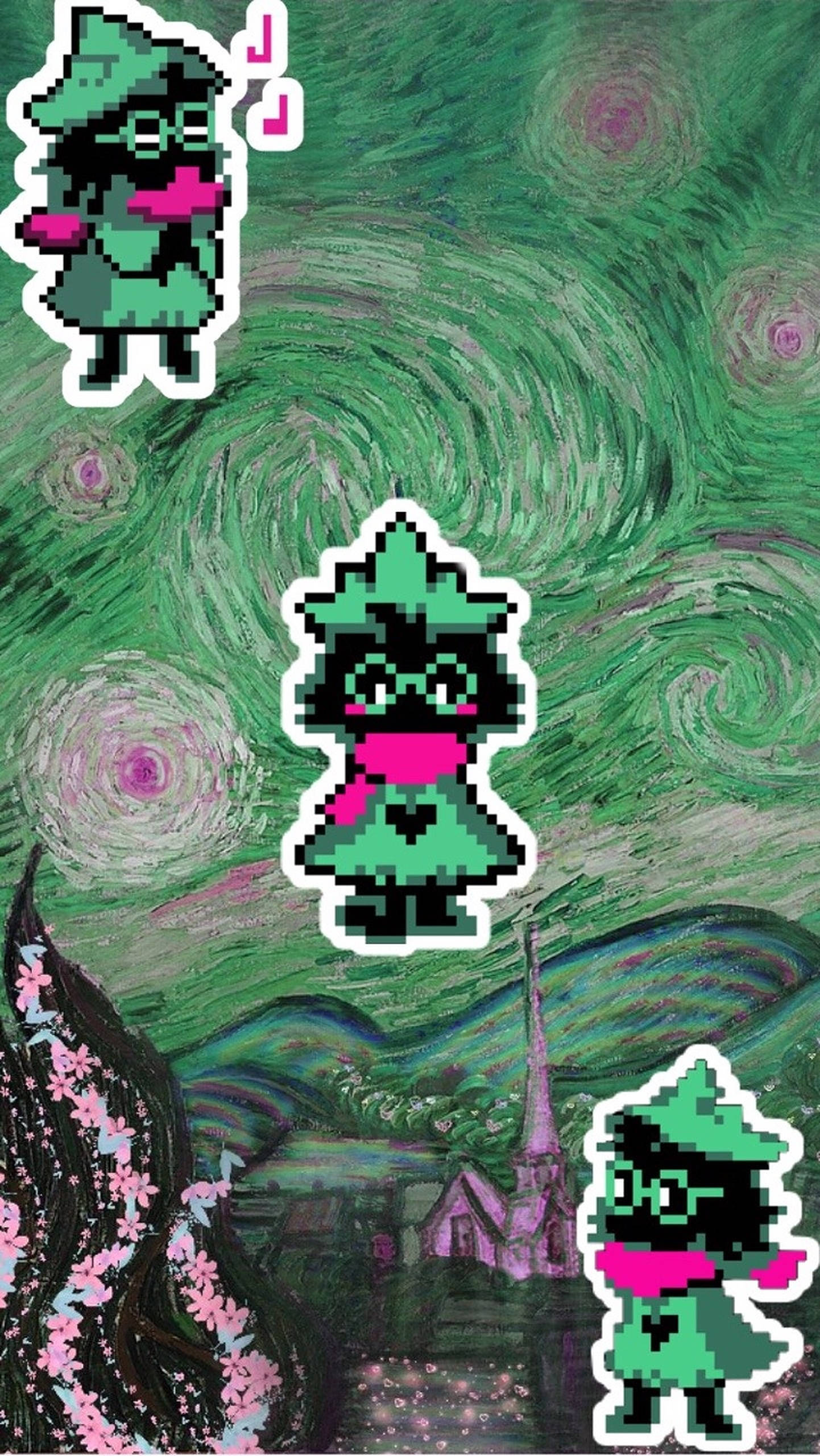 Ralsei 星夜像素藝術 壁紙 — 綠色服裝的像素藝術角色漂浮在旋轉的綠色梵高風格夜空前，下方有一個村莊。