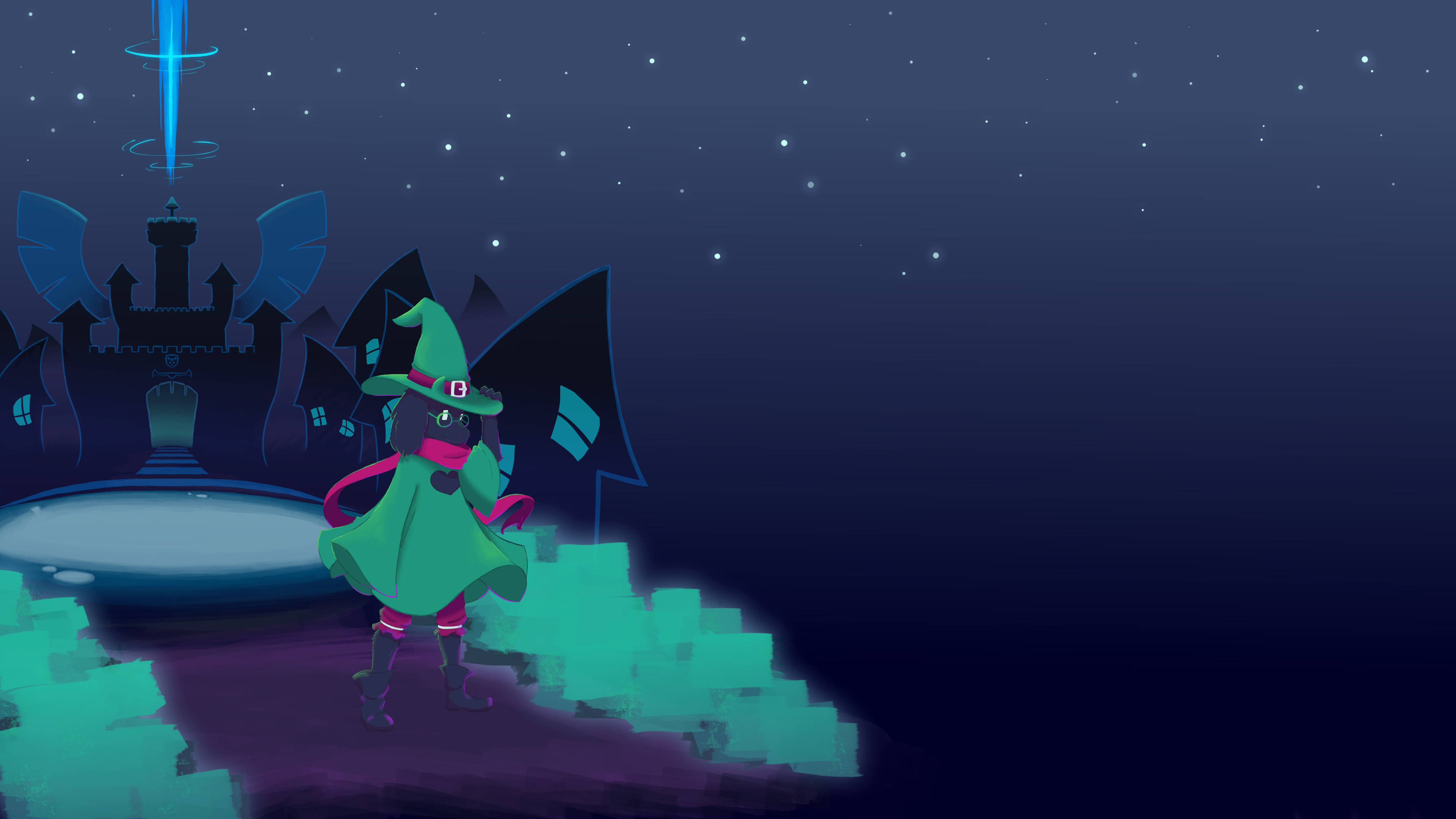 Ralsei 星空夜 壁紙 — 一個穿著綠色斗篷的卡通女巫站在發光的樓梯上，下方是星空，遠處有城堡。
