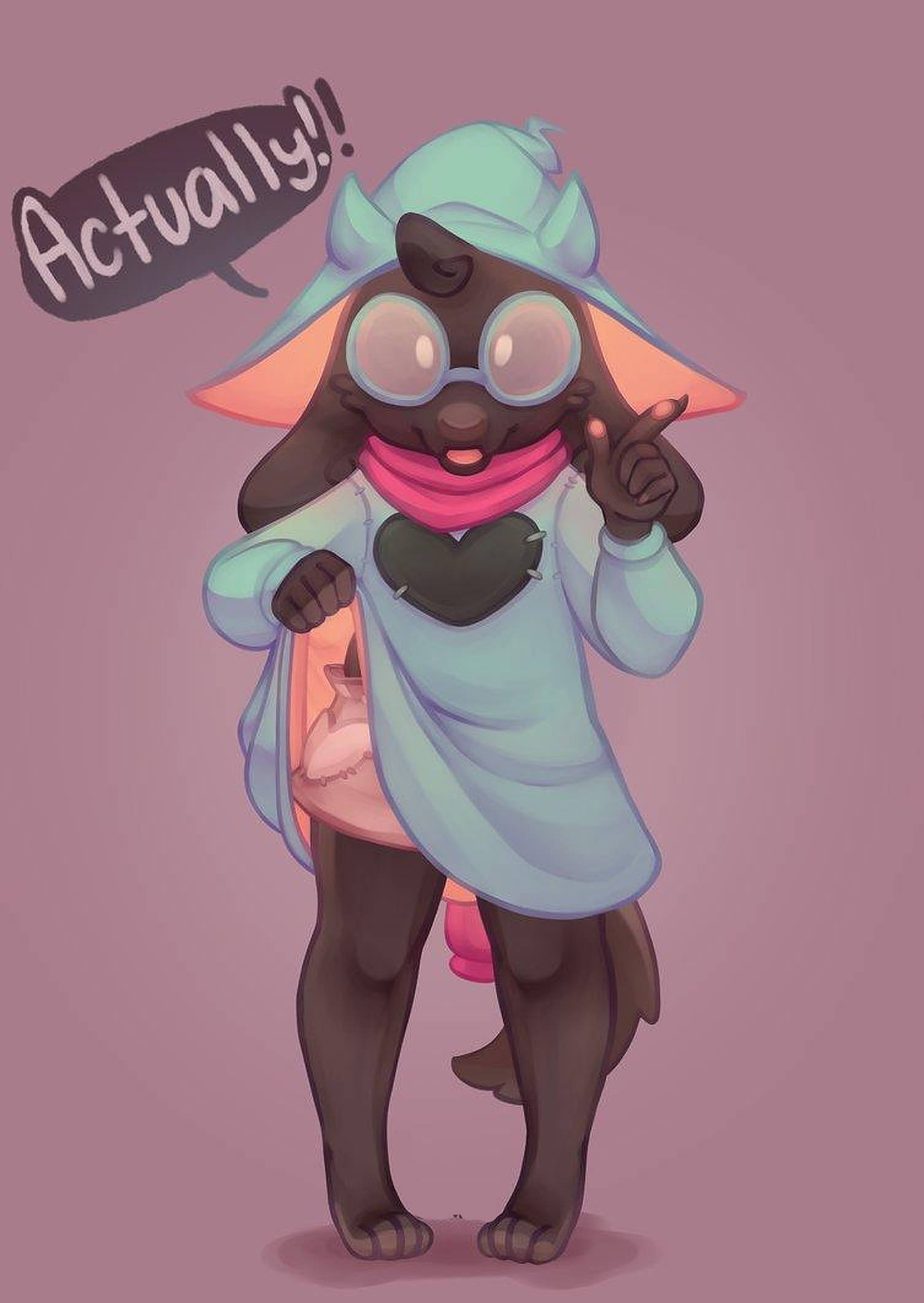 Ralsei 的真實一面 壁紙 — 一個可愛嘅狐狸風格動漫角色，穿著淺藍色外套同眼鏡，自信地指住一個對話氣泡，上面寫住『Actually!!』