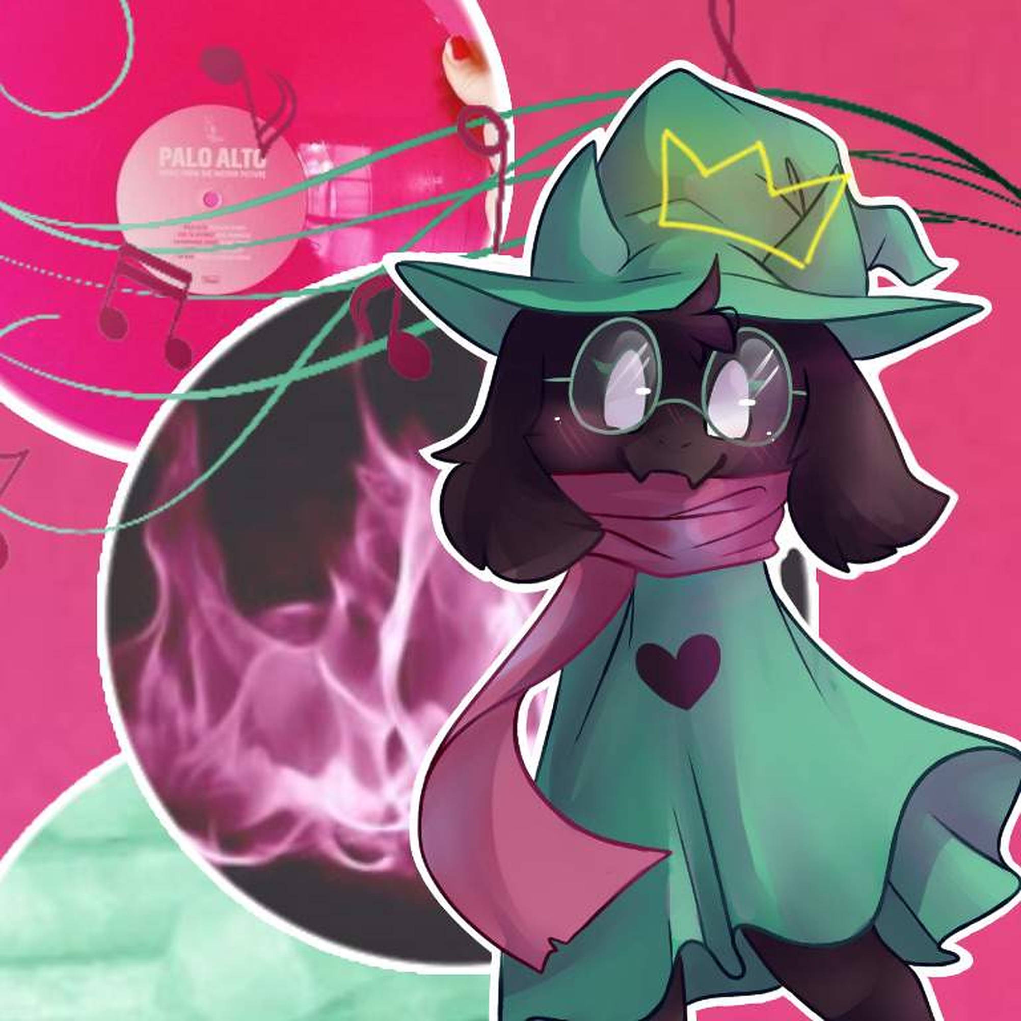 Ralsei 粉紅海報 壁紙 — 一個戴著綠色帽子和粉紅色圍巾的風格化卡通角色，站在帶有音符和黑膠唱片的粉紅色背景前。