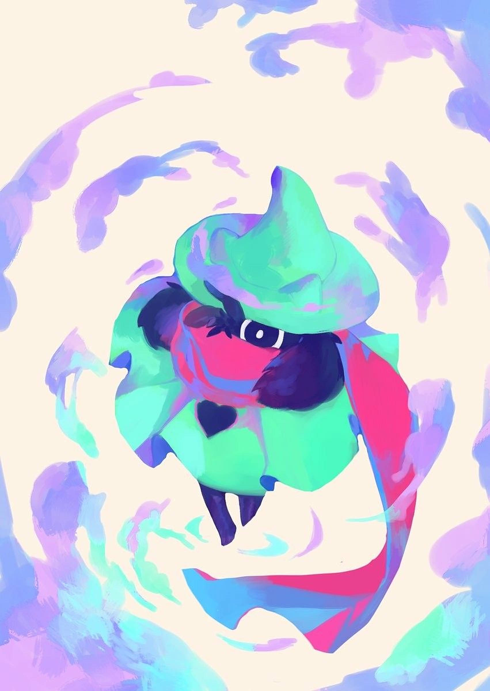 Ralsei 繪畫 壁紙 — 一個風格化的動漫角色，戴著綠色帽子和粉紅色圍巾，在充滿活力的紫色和藍色抽象雲中旋轉。
