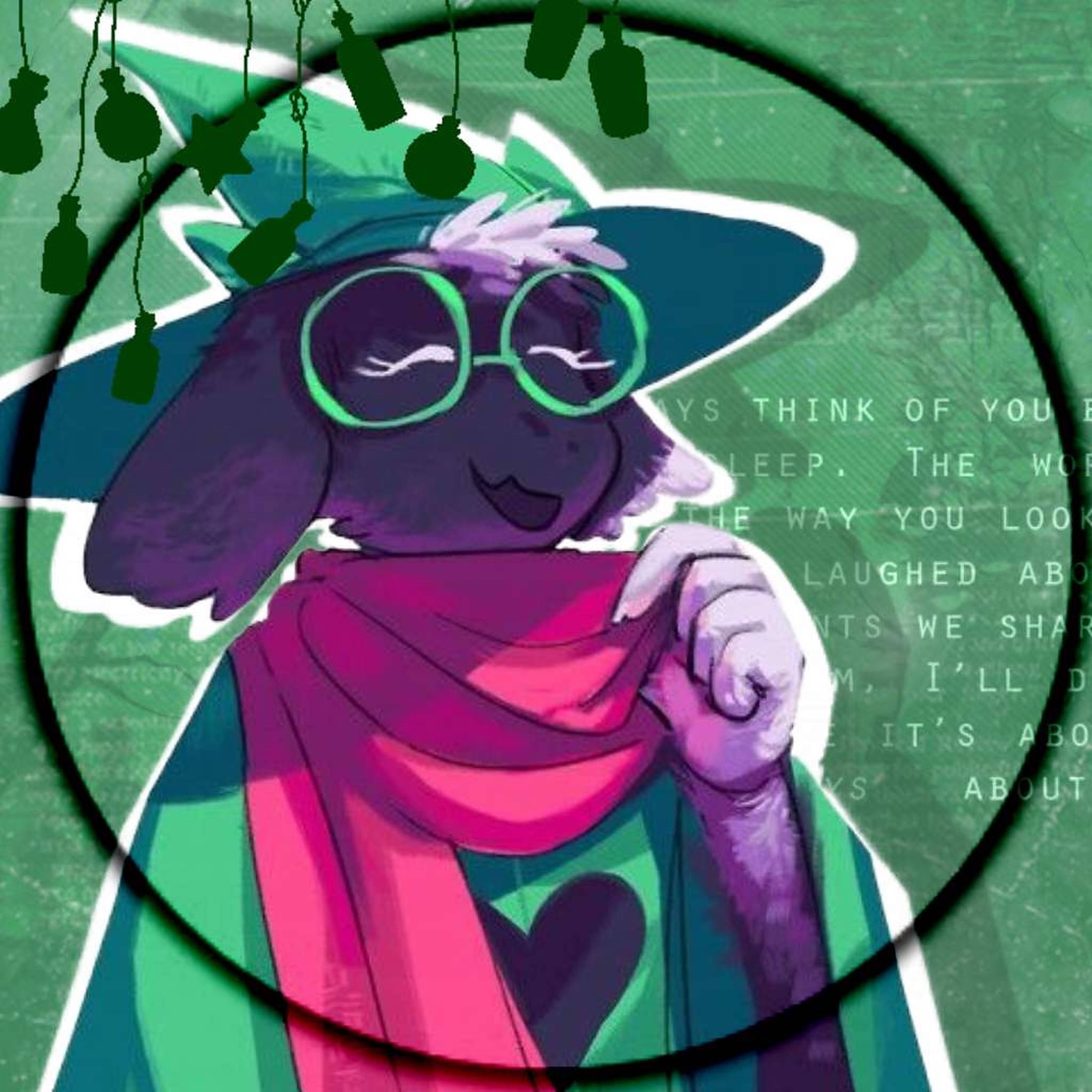 Ralsei 美學肖像 壁紙 — 一隻戴著綠色眼鏡和圍巾的紫色擬人狗，在綠色紋理背景下的懸掛瓶子下微笑。