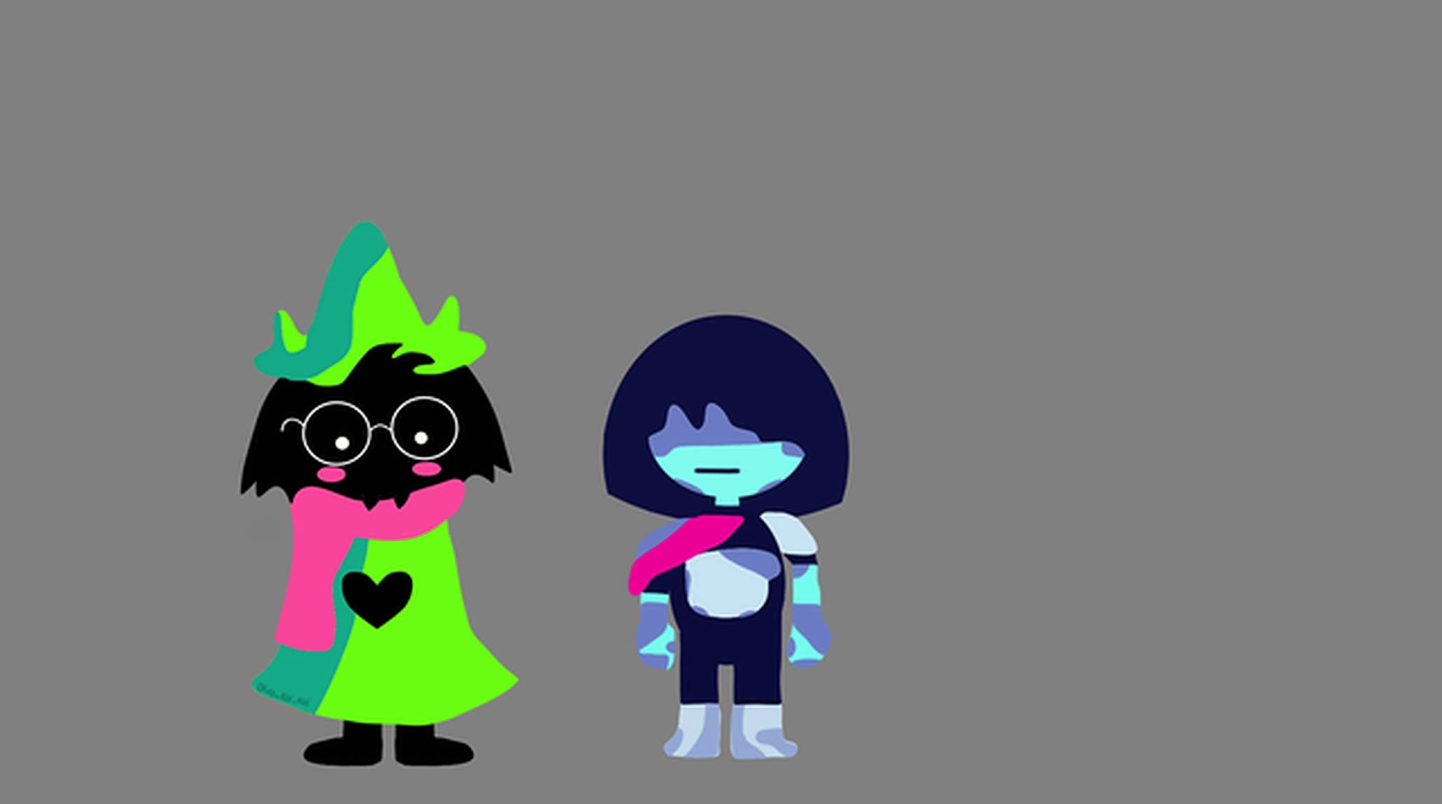 Ralsei 與 Kris 壁紙 — 兩個風格化的卡通人物並排站在純灰色背景前，一個戴著綠色帽子和粉紅色圍巾，另一個留著藍色波波頭和粉紅色圍巾。