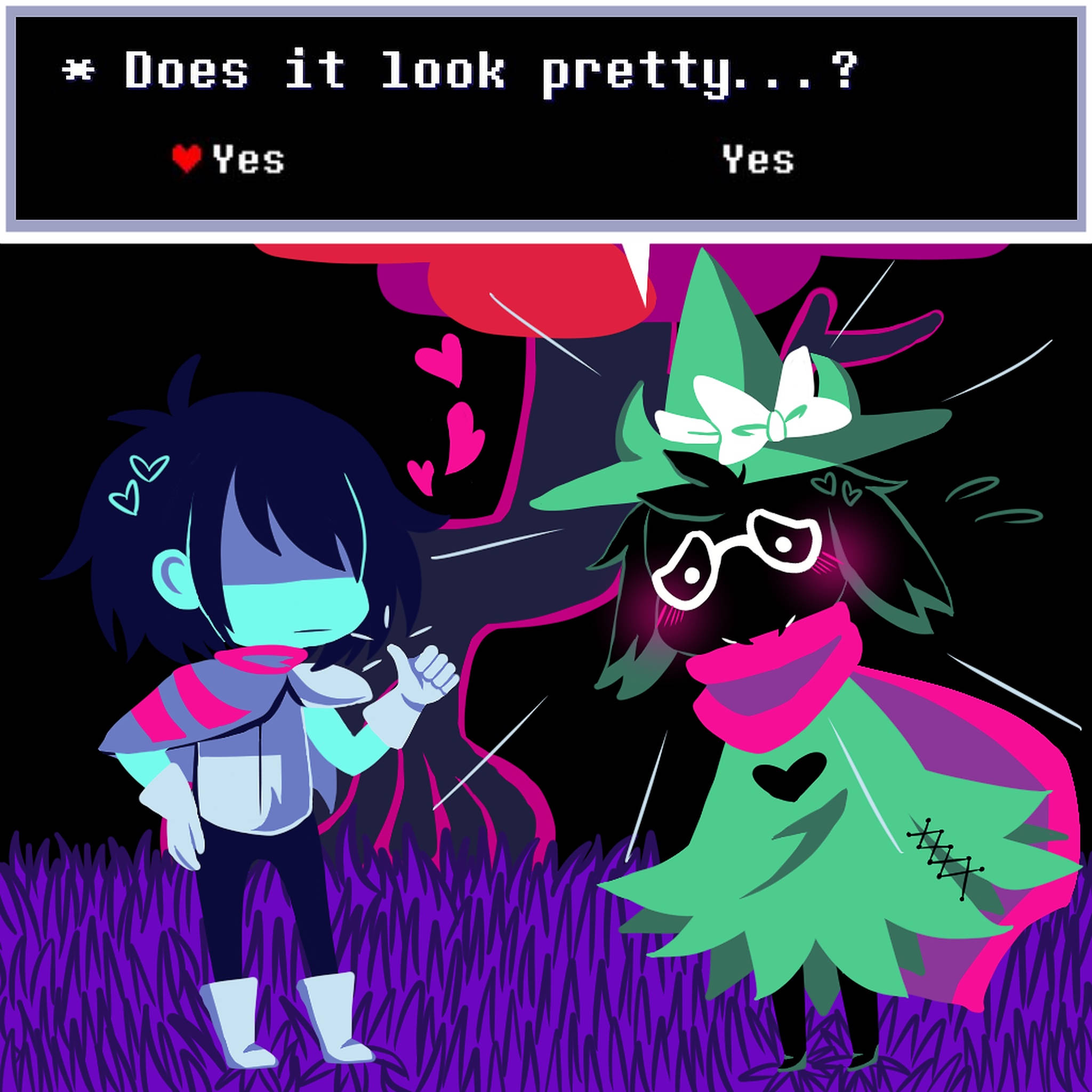 Ralsei 與 Kris 雙人組 壁紙 — 兩個風格化的動漫角色在充滿活力的霓虹燈田野中互動，下方有一個像素化的對話框詢問某物是否看起來漂亮。