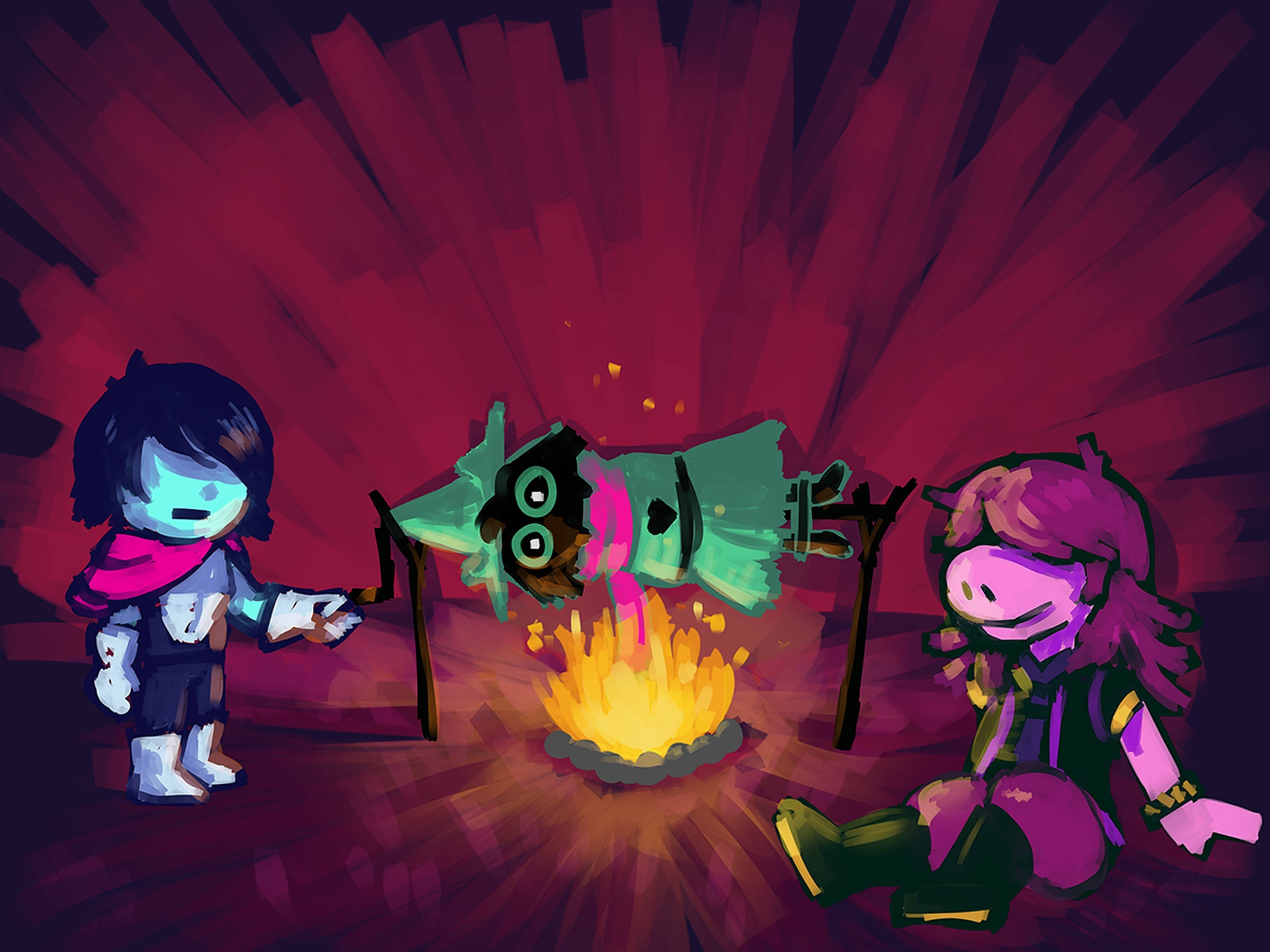 Ralsei 與夥伴們 壁紙 — 兩個風格化的角色在營火上烤一個發光的外星生物，背景是耀眼的紅色。
