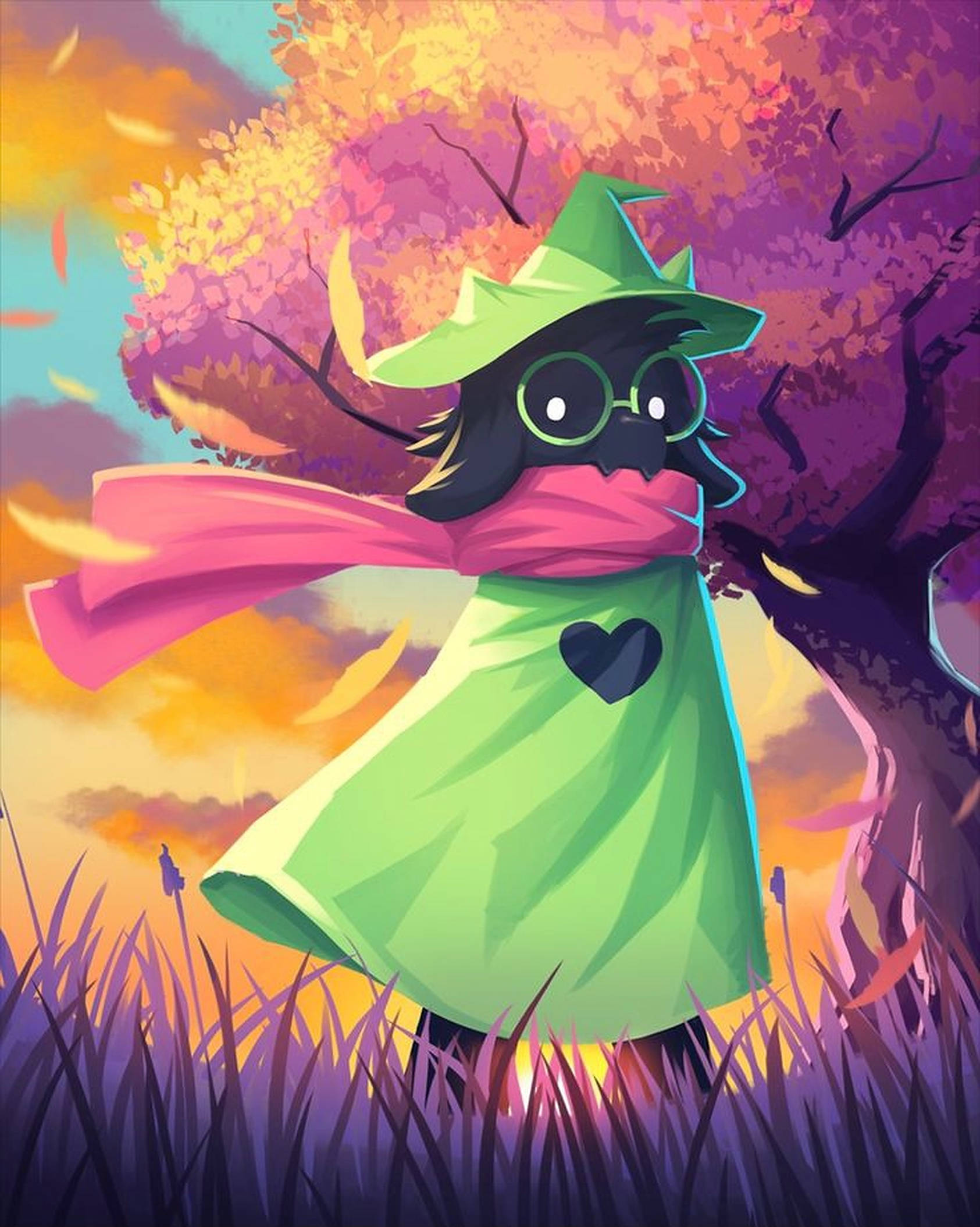 Ralsei 藝術作品 壁紙 — 一個戴著綠色帽子和斗篷的古怪鳥類角色，站在高高的草叢中，頭頂是落葉繽紛的秋樹。