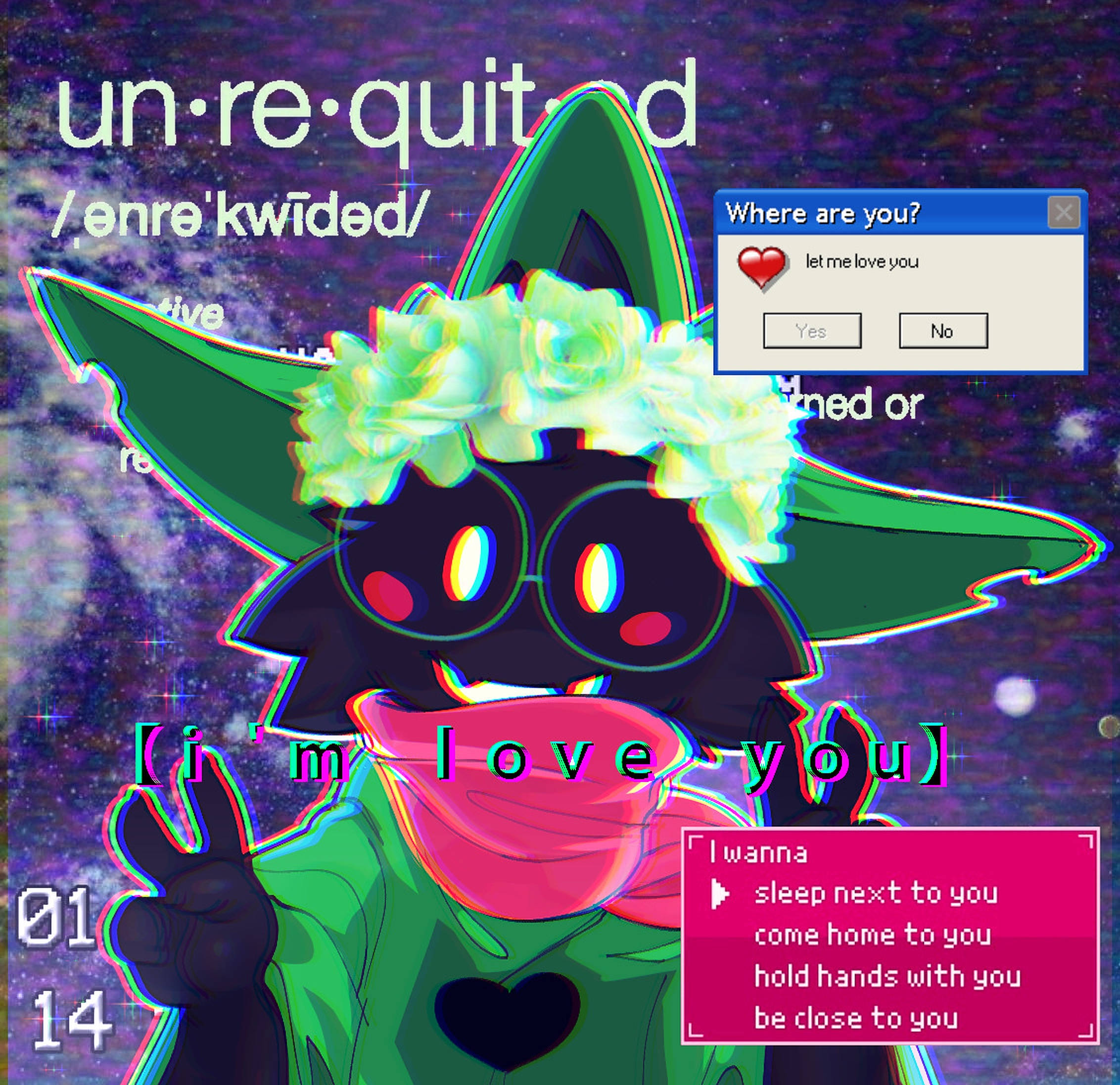 Ralsei 領著和平手勢 壁紙 — 一隻帶有綠色耳朵和花冠的故障動漫貓，在繁星點點的紫色天空下擺姿勢，並帶有浪漫文字疊加。