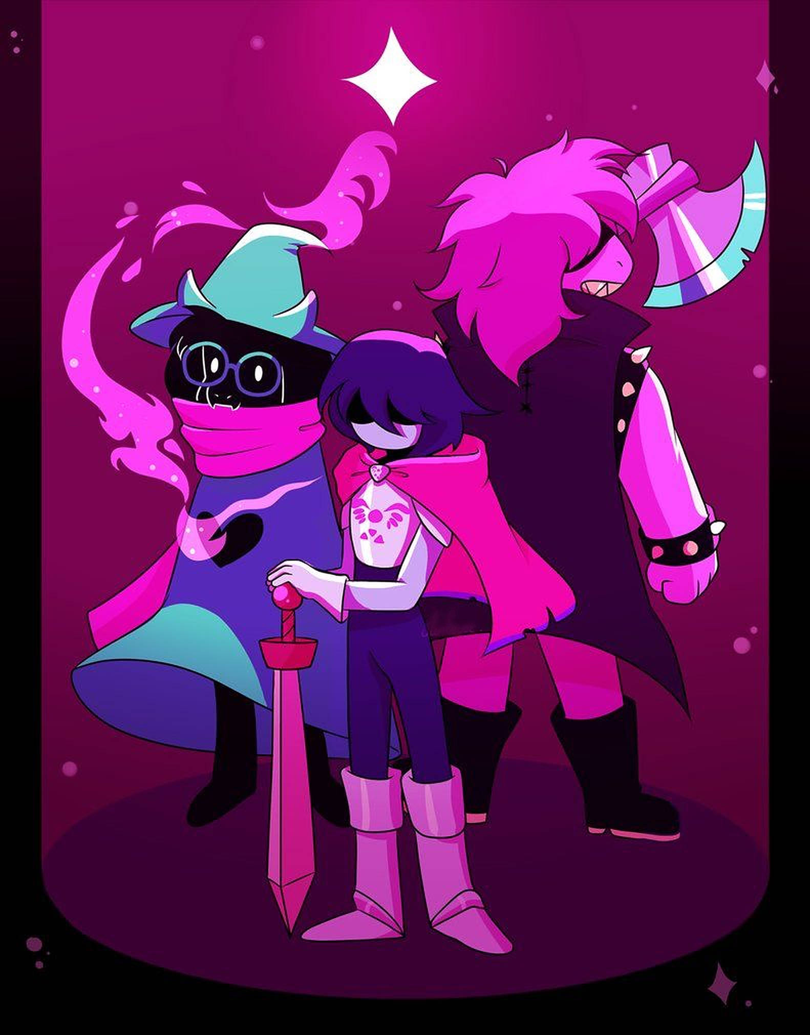 Ralsei、Kris 與 Susie 三人組 壁紙 — 三個風格化的動漫角色，以鮮豔的粉紅色和紫色色調，站在閃爍的星星下。