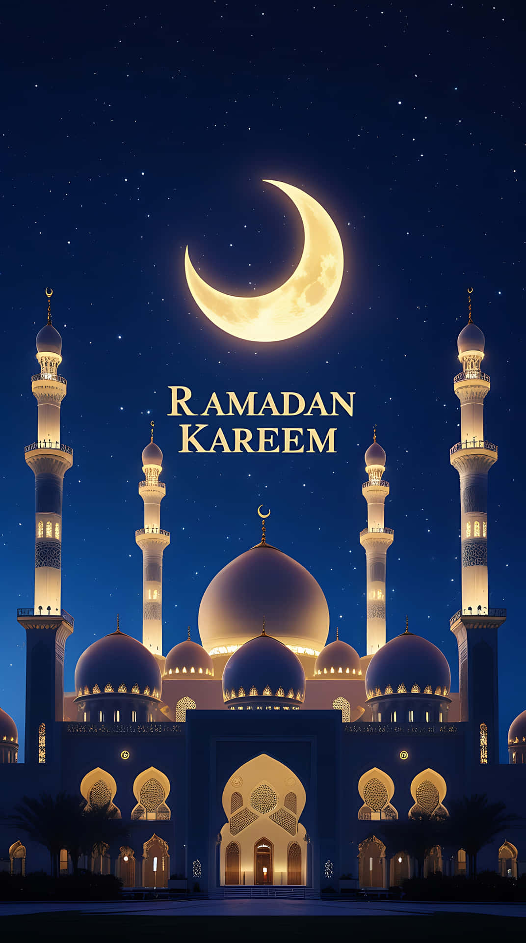 宏偉的燈光清真寺，在彎月和星星下，帶有Ramadan Kareem文字