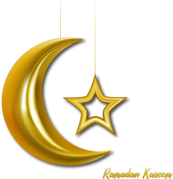 開齋節「Ramadan Kareem」月牙與星圖案 壁紙 — 金色新月和星星懸掛在黑色背景上，下方有「Ramadan Kareem」文字。