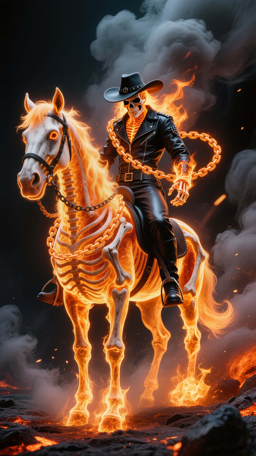  壁紙 — 一個燃燒的骷髏牛仔騎著一匹火焰骷髏馬，穿過煙霧和熔岩，帶著發光的橙色鎖鏈。