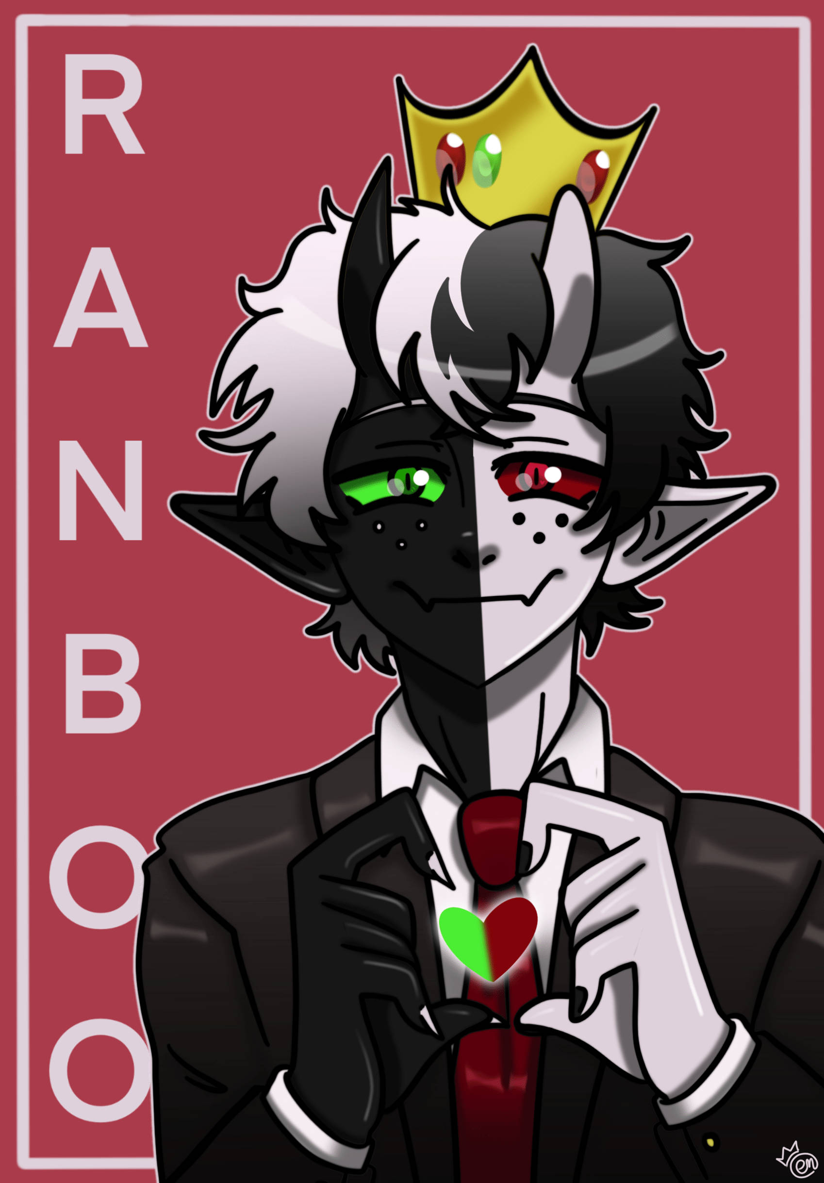 Ranboo 指心形圖像 壁紙 — 一個黑白頭髮、綠紅眼睛、戴著皇冠的分面動漫角色，在紅色背景前拿著心形領帶。