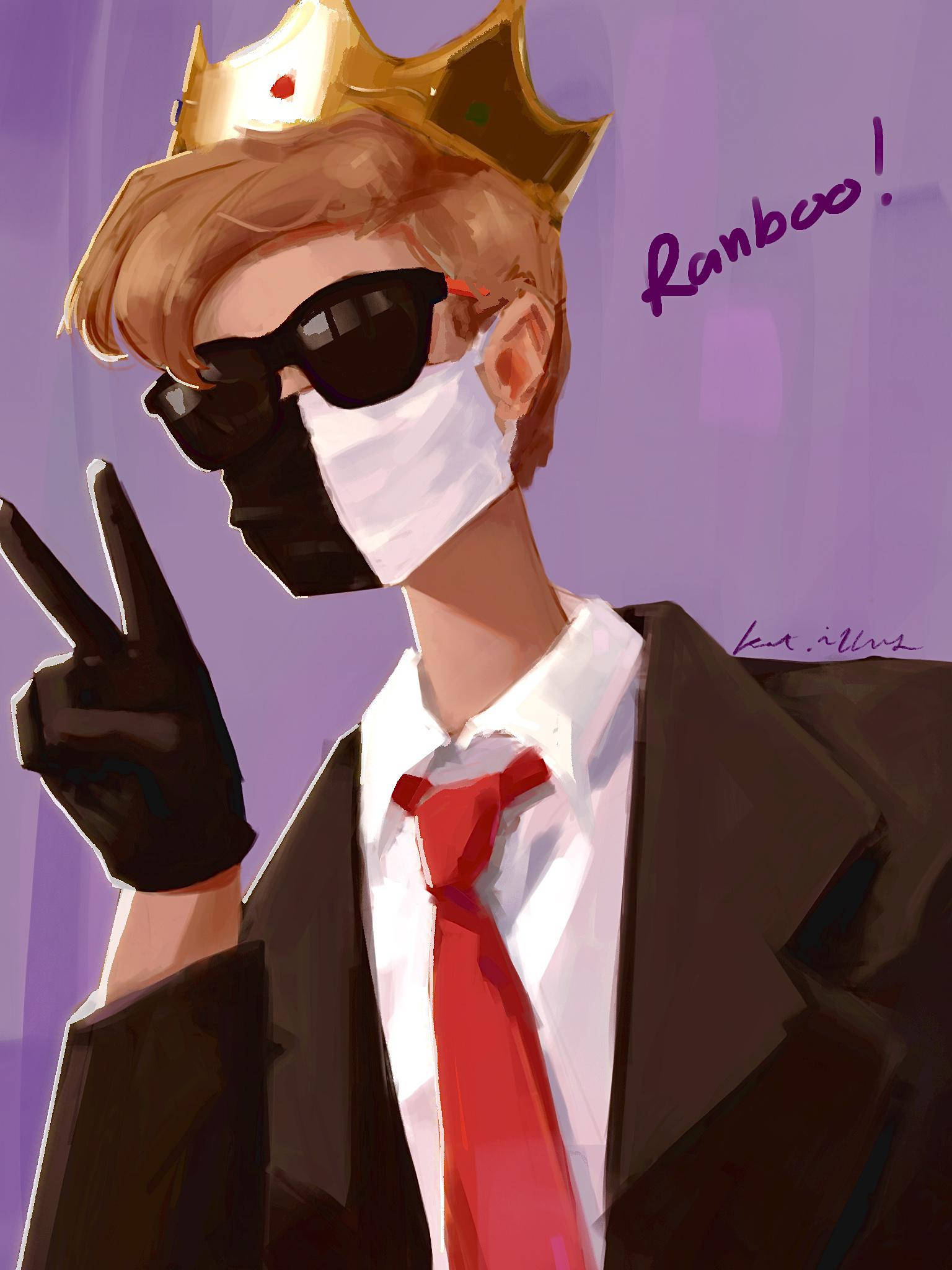 Ranboo 和平手勢 壁紙 — 一個風格化的數碼肖像，描繪一位戴著皇冠、身穿西裝和面具的人物在紫色背景前做出和平手勢。