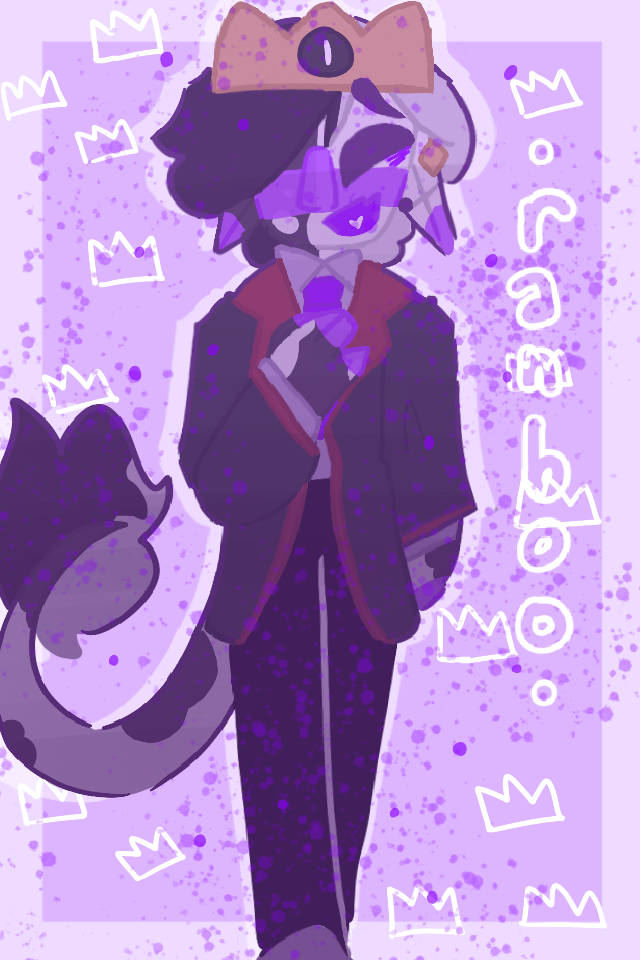 Ranboo Q 版藝術 壁紙 — 一個風格化的紫色毛皮擬人角色，戴著皇冠並有尾巴，自信地站在點綴著白色皇冠輪廓的薰衣草斑點背景前。