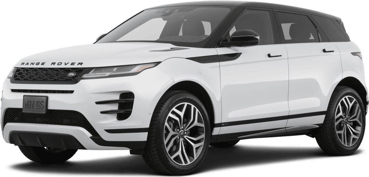 白色Range Rover Evoque側面視圖 壁紙 — 一輛純白色 Range Rover Evoque SUV，帶有黑色飾邊和時尚合金輪圈，在攝影棚燈光下展示。