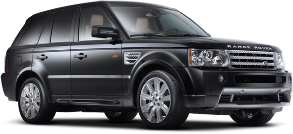 黑色Range Rover側面視圖 壁紙 — 一輛時尚的黑色Range Rover Sport SUV，側面展示，帶有鍍鉻裝飾和合金輪圈，背景為白色。