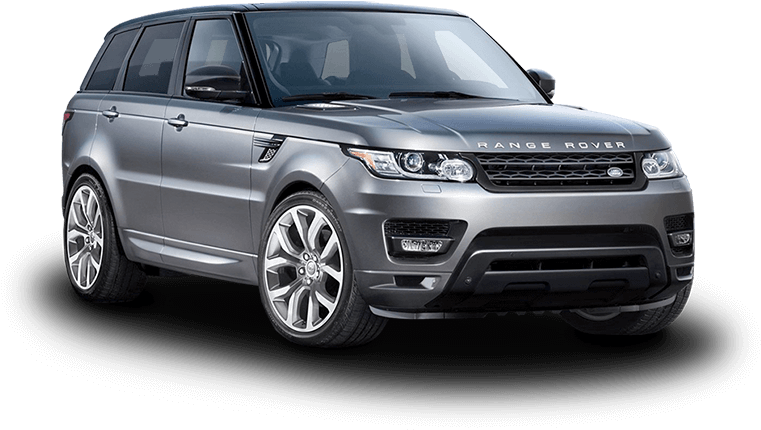 銀色Range Rover Sport 側面視圖 壁紙 — 一輛時尚的銀色Range Rover Sport SUV在黑色背景下的攝影棚燈光中展示。