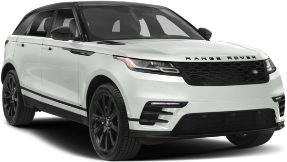 白色路虎Range Rover Velar側面視圖 壁紙 — 一輛純白色Range Rover SUV，帶有黑色飾件和時尚現代設計，在工作室燈光下展示。
