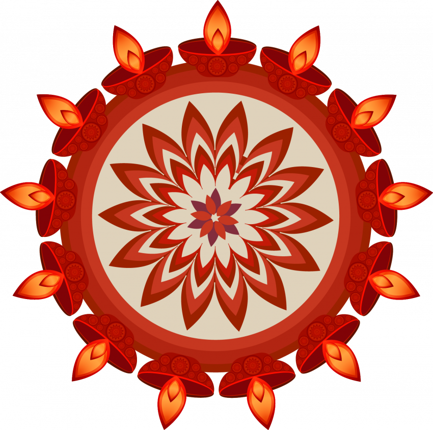 節慶 rangoli 圖案配油燈 壁紙 — 一個在黑色背景上，由發光迪亞燈圍繞對稱花卉圖案的鮮豔紅橙色曼陀羅。