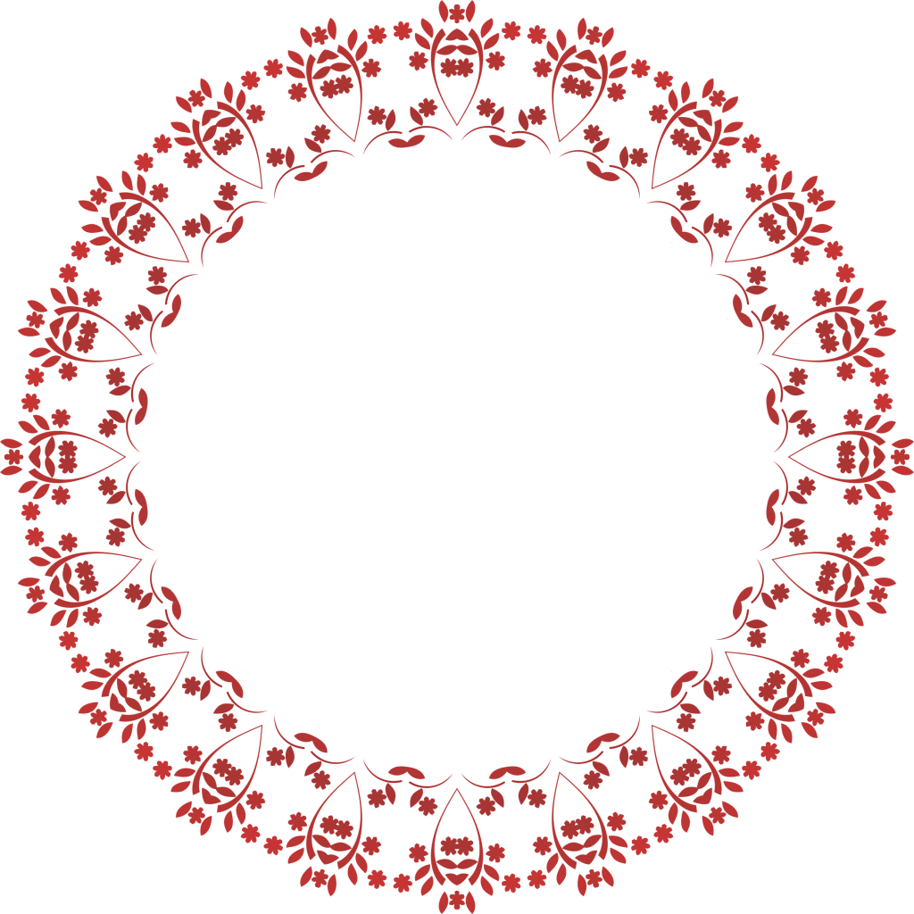 傳統紅色花卉rangoli圖案 壁紙 — 一個圓形紅色花卉邊框，帶有對稱的藤蔓和花朵，在深色背景上框住黑色中心。