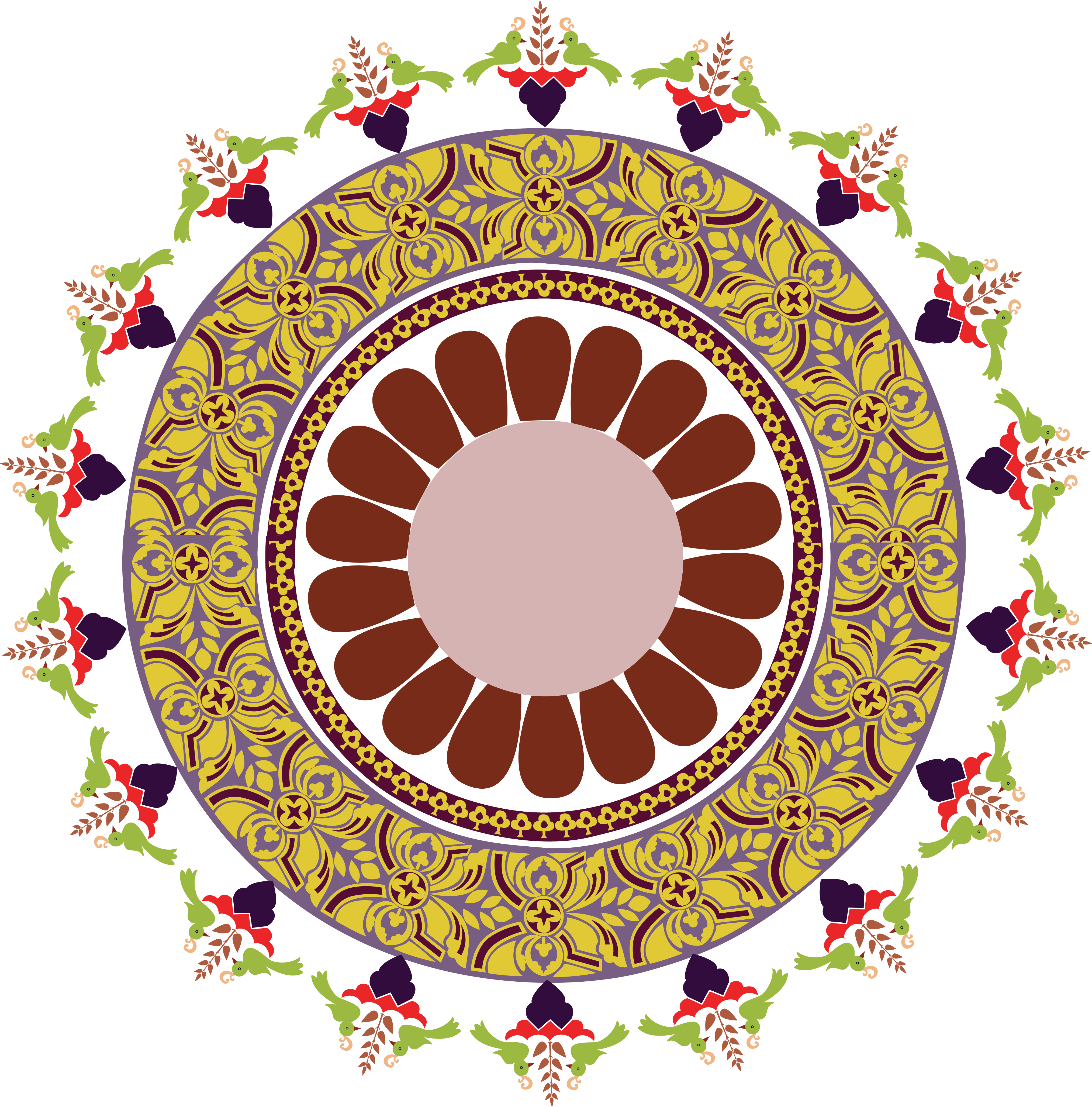 傳統圓形 rangoli 設計 壁紙 — 一個充滿活力的對稱圓形圖案，帶有黃色、紫色和紅色的分層花卉圖案，圍繞著中央的棕色花瓣設計。