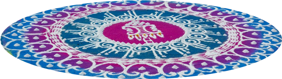 彩色橢圓形 rangoli 設計 壁紙 — 一個充滿活力的圓形藍果麗設計，帶有藍色、紫色和粉紅色的同心圖案，中央有一個粉紅色主題。