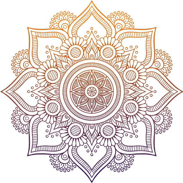 精緻橘色 rangoli 設計 壁紙 — 一個帶有複雜幾何圖案的橙色和紫色光芒曼陀羅，在黑色背景上放射開來。