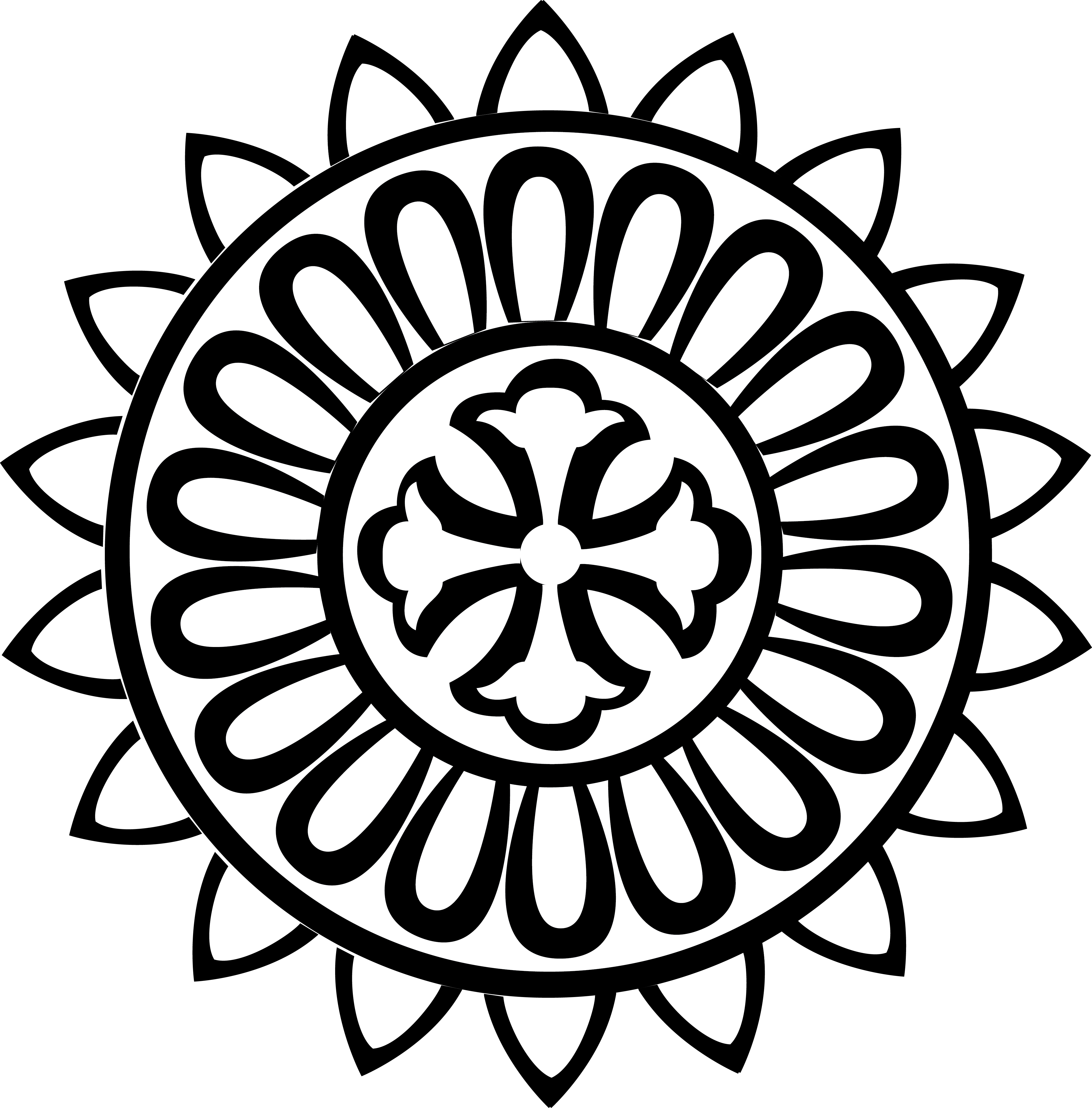 傳統黑白 rangoli 設計 壁紙 — 一個大膽的黑白圓形曼陀羅，帶有從中央花卉圖案向外輻射的層疊花瓣狀圖案。