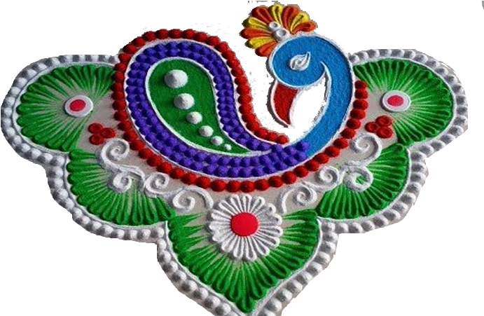 彩色孔雀 rangoli 設計 壁紙 — 黑色背景上充滿活力的孔雀形狀藍果麗，帶有綠色花瓣、紅色圓點和藍色頭部。