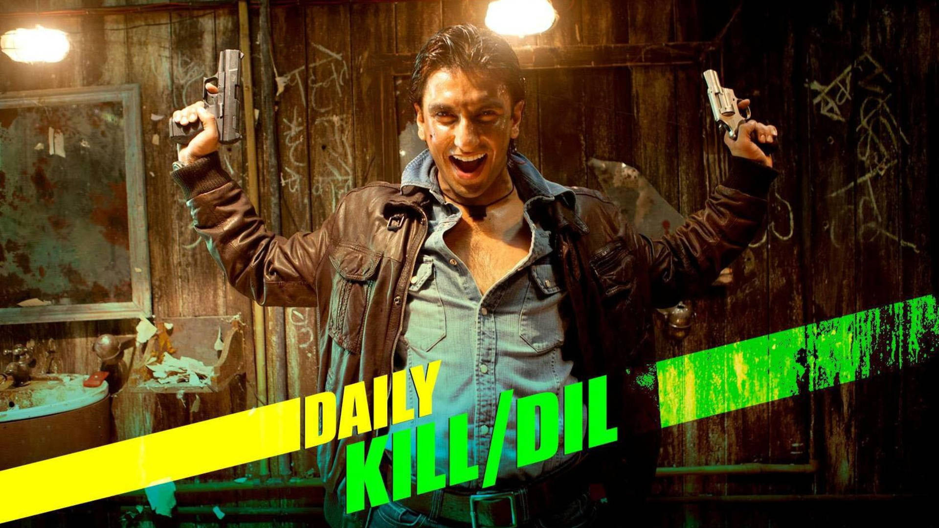 Ranveer Singh 在電影《Kill Dil》中持槍造型 壁紙 — 一個穿著皮褸的男人在一個佈滿塗鴉的骯髒房間裏，手持兩把手槍，瘋狂地大笑。