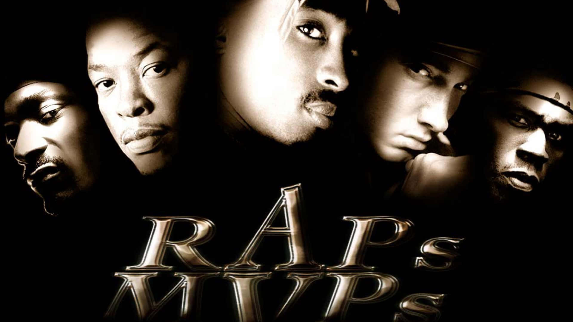 五位饒舌歌手強烈凝視，發光金屬文字寫住RAP'S MVP'S。