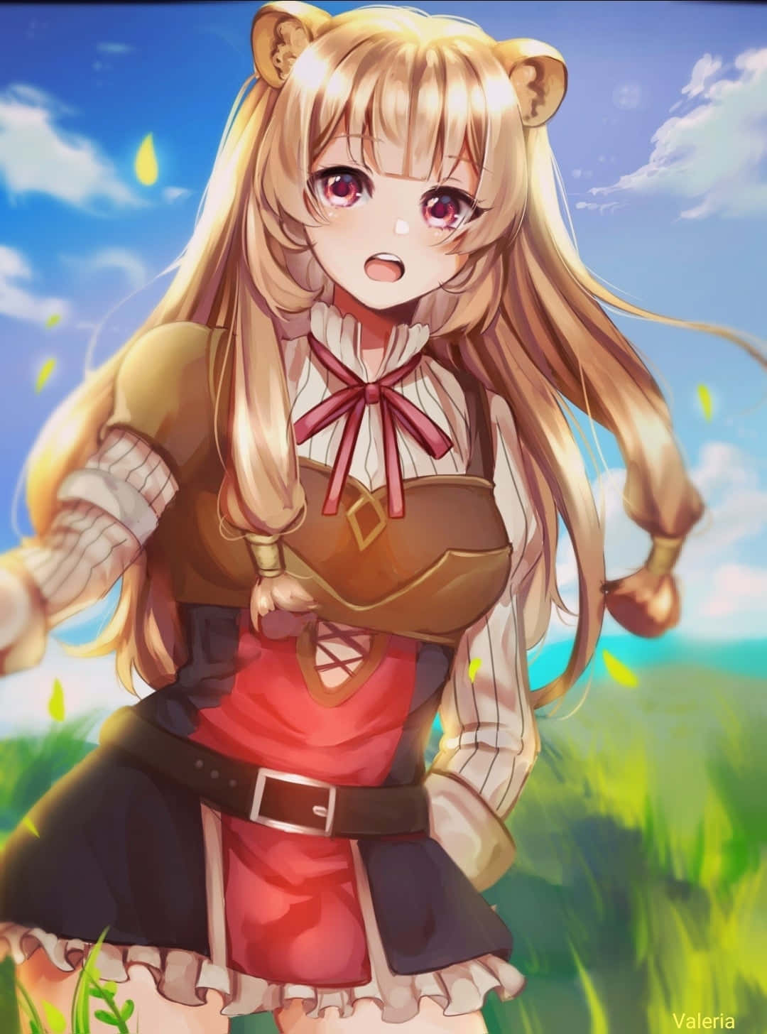 Raphtalia - 傳奇盾之勇者 壁紙 — 一個驚訝的動漫女孩，金髮和熊耳朵，站在陽光明媚的草地上，藍天下有漂浮的黃葉。