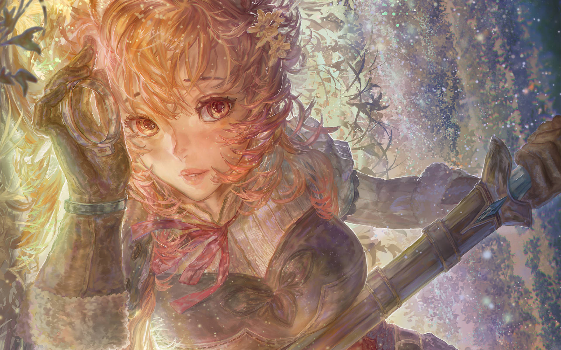 橙色頭髮的動漫女孩在魔法森林中手持發光球體和劍。