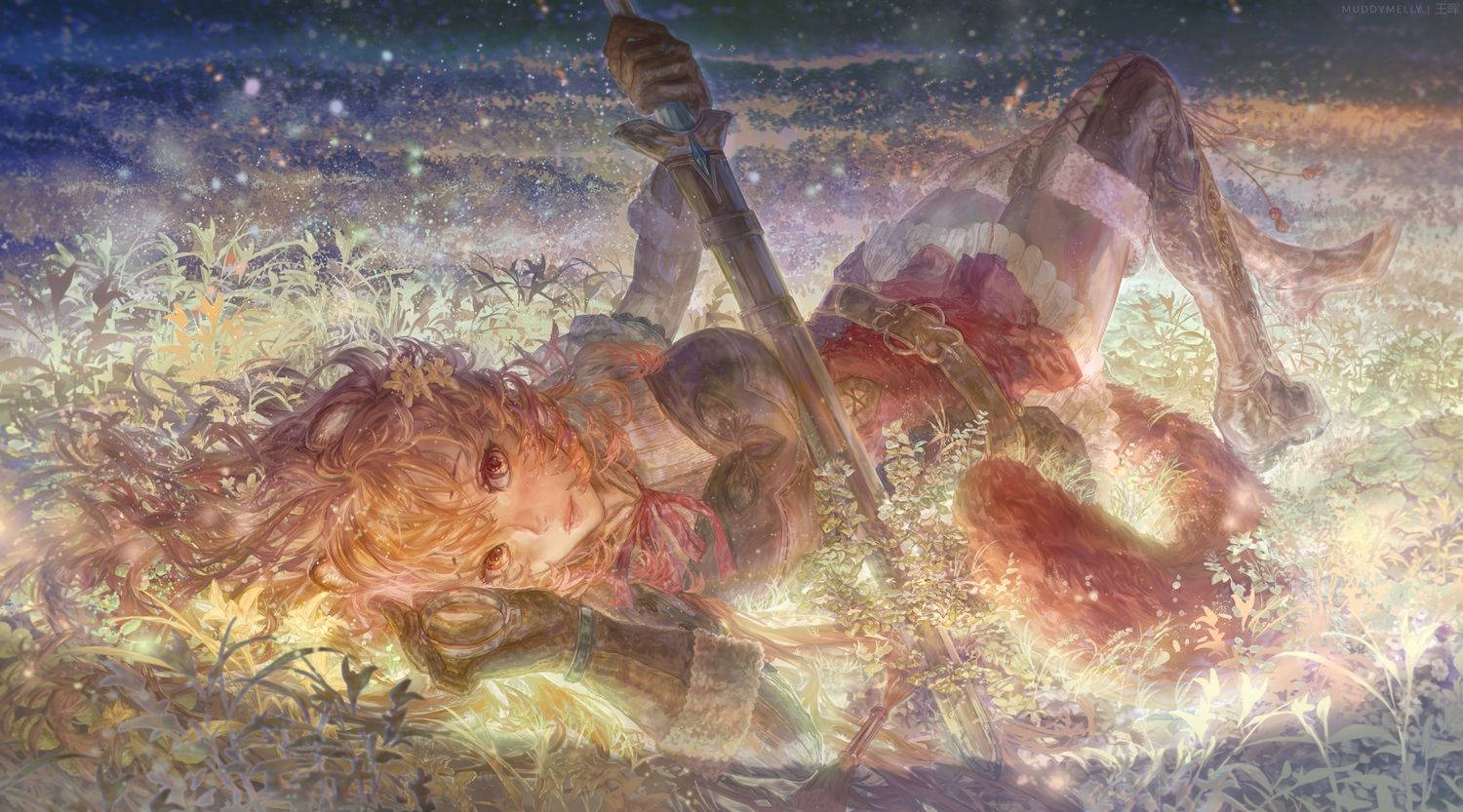 一位紅髮奇幻戰士躺在星光下閃爍花朵的田野中。