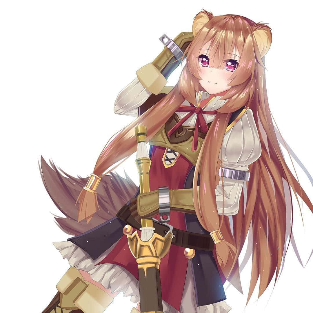 Raphtalia - 最佳夥伴 壁紙 — 動漫女孩，有熊耳朵和長長的棕色頭髮，在純白色背景上揮舞著劍。