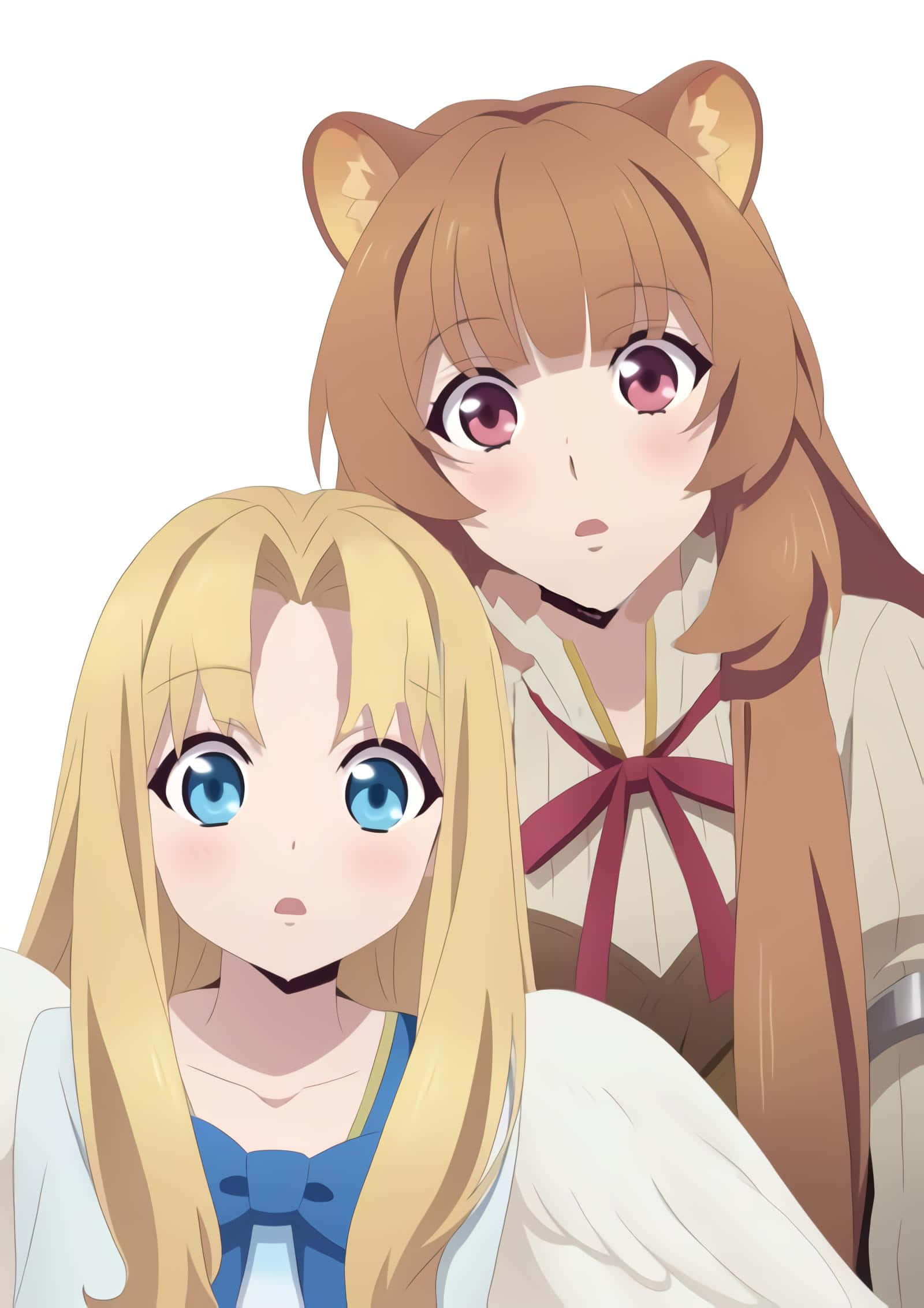 Raphtalia 準備迎接一切挑戰 壁紙 — 兩個有貓耳和天使翅膀的動漫女孩凝視前方，一個有藍眼睛和金髮，另一個有粉紅色眼睛和棕色頭髮。