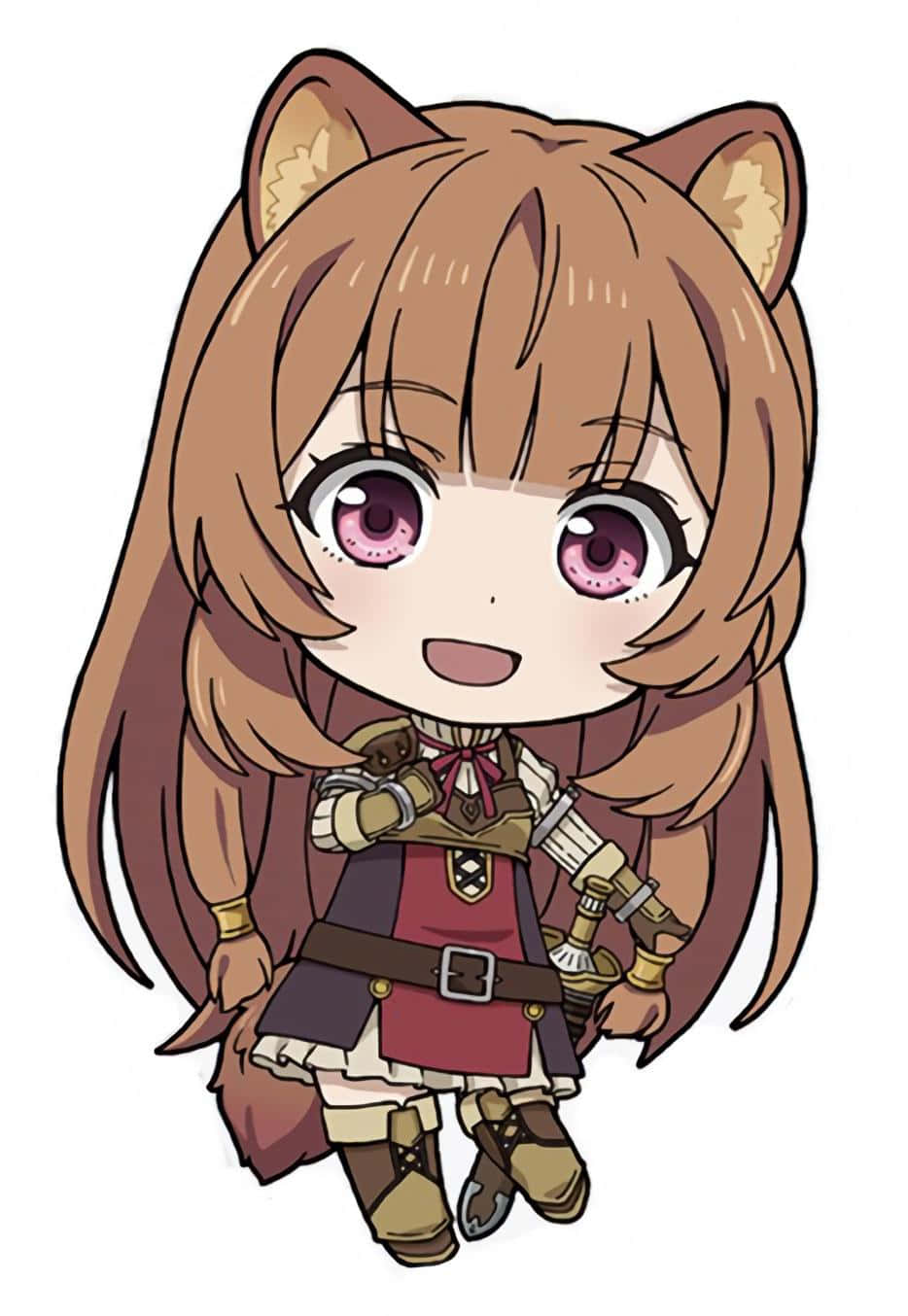 Raphtalia 的魔法畫面 壁紙 — 一個有棕色貓耳和長髮的Q版動漫女孩，穿著紅棕色冒險者服裝，帶著開朗的笑容。
