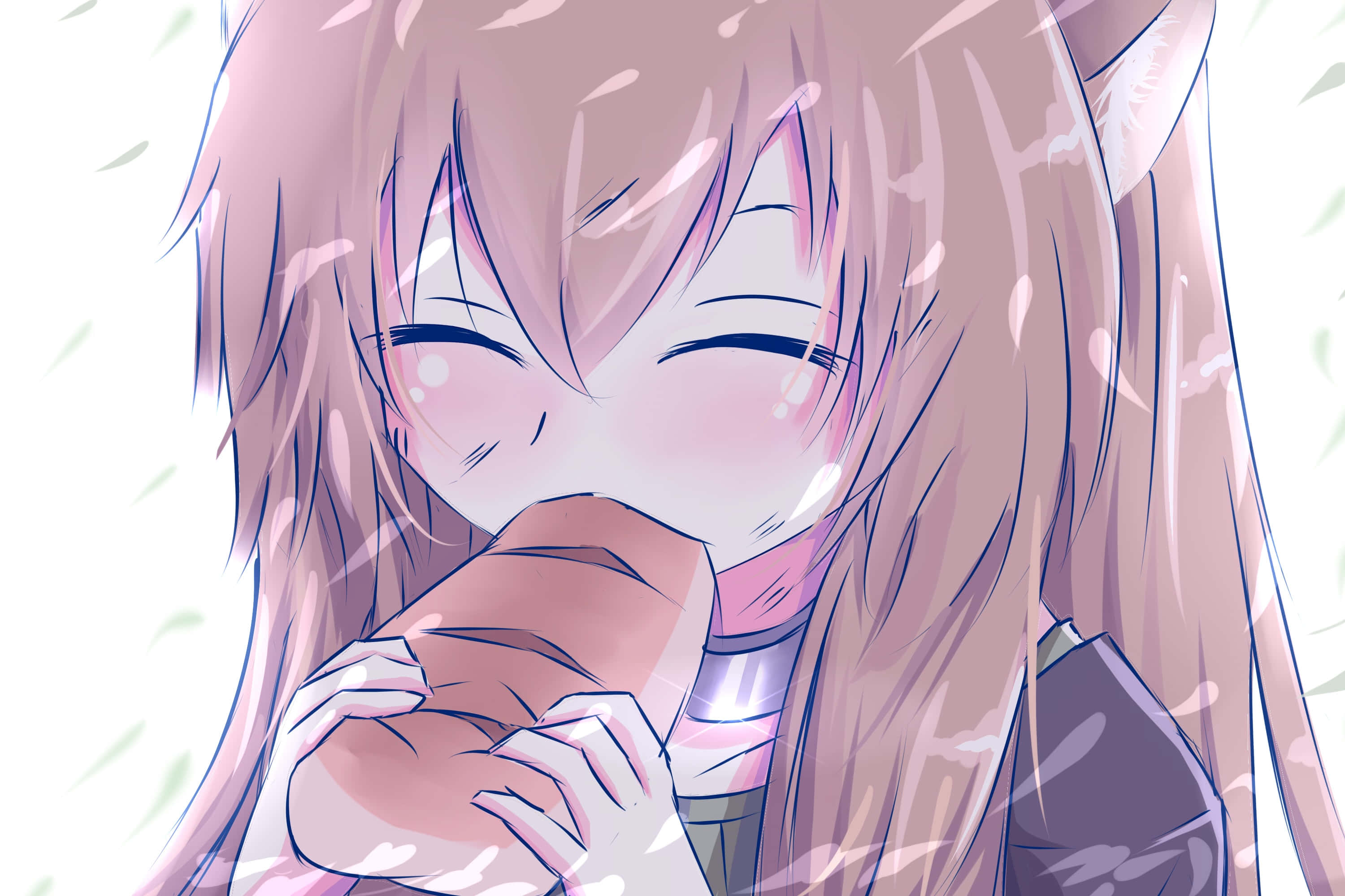 Raphtalia，盾之勇者 壁紙 — 一個開心的動漫女孩，粉紅色頭髮和貓耳朵，快樂地吃著三文治，周圍有飄浮的花瓣。