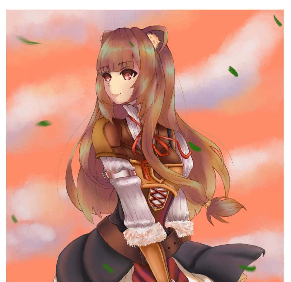 Raphtalia，風之英雄！ 壁紙 — 一位長著棕色長髮的貓耳動漫女孩，在溫暖的夕陽天空下，伴隨著飄浮的綠葉，溫柔地微笑。